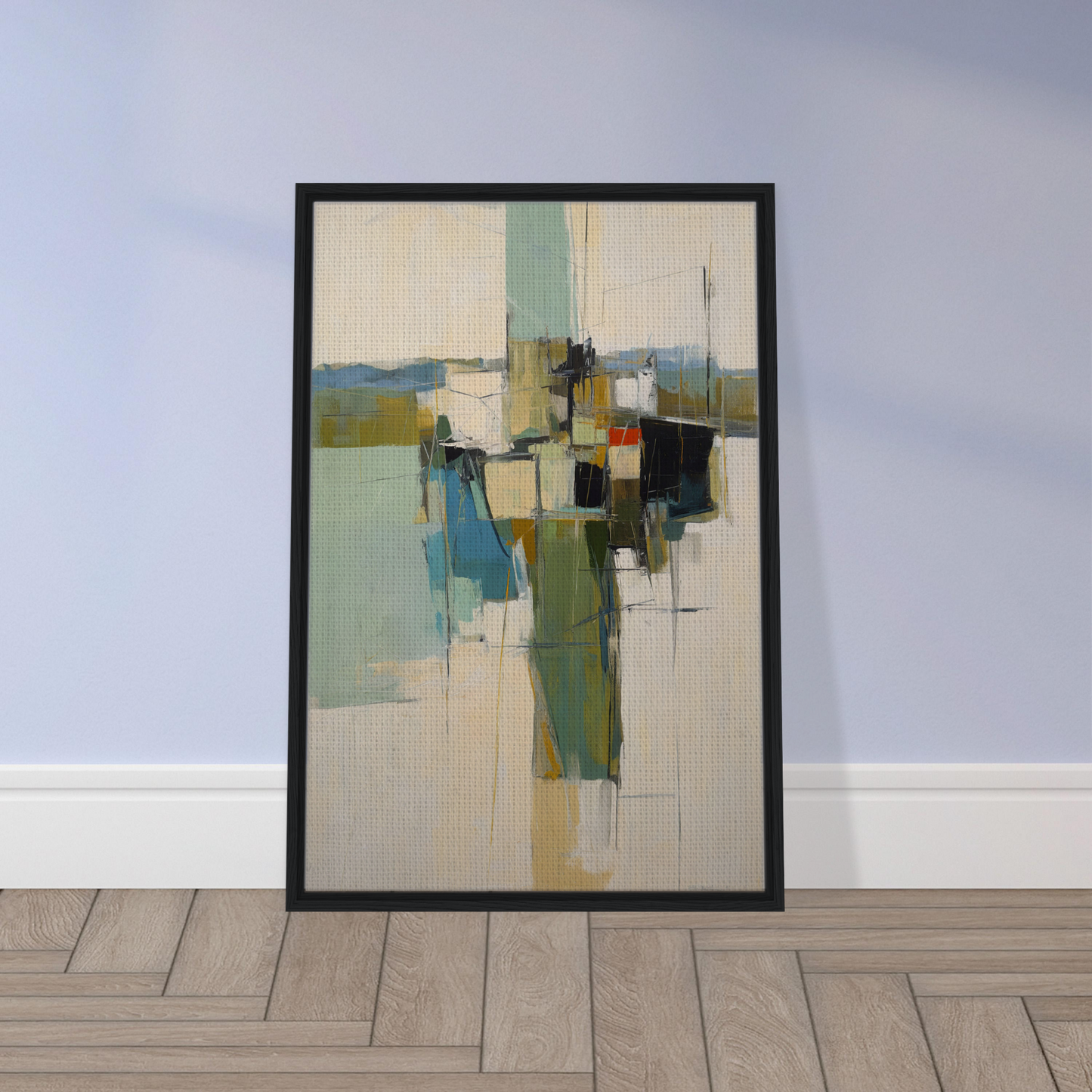 Abstract painting in a black frame featuring geometric shapes for Kaleidoscope City Dreams