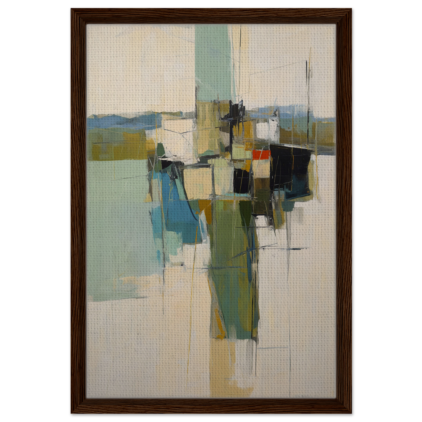 Abstract painting with geometric shapes in muted colors for Kaleidoscope City Dreams framed