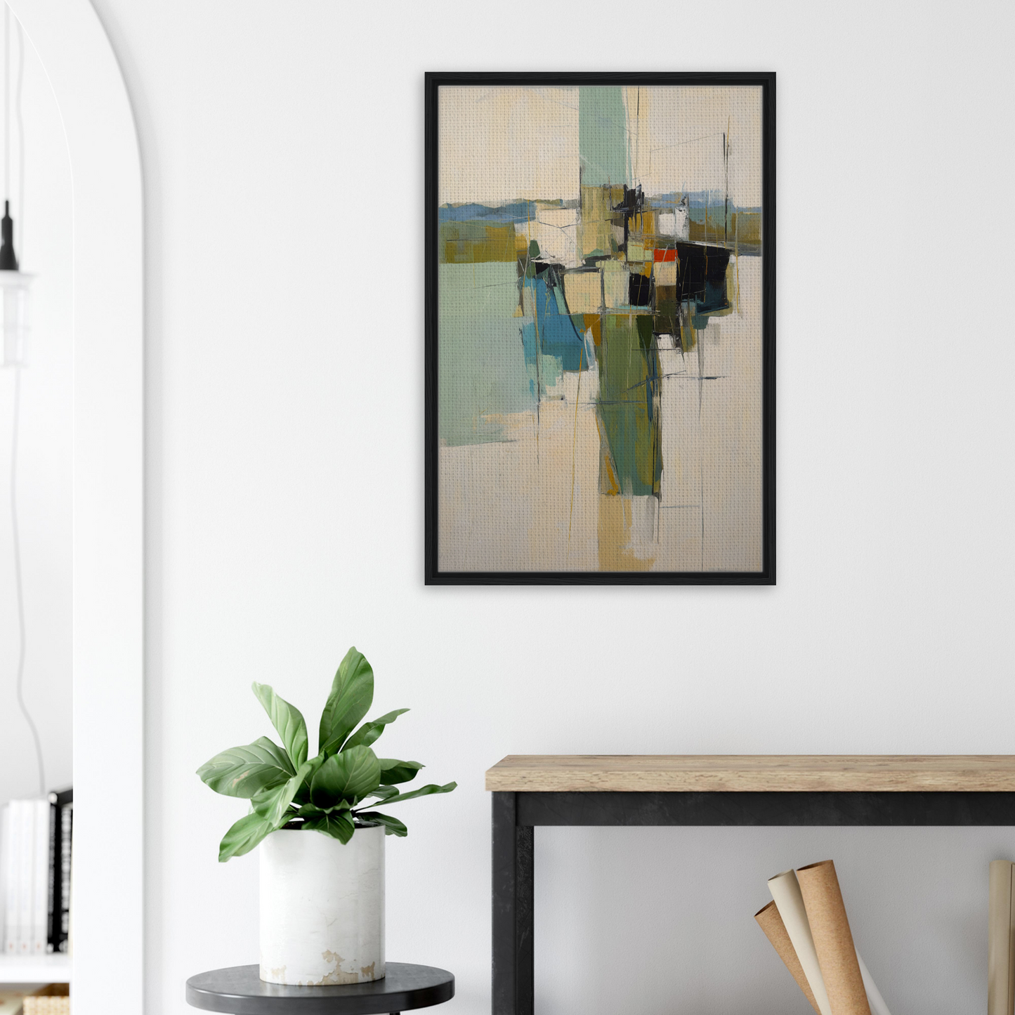 Abstract painting featuring geometric shapes in muted tones for Kaleidoscope City Dreams