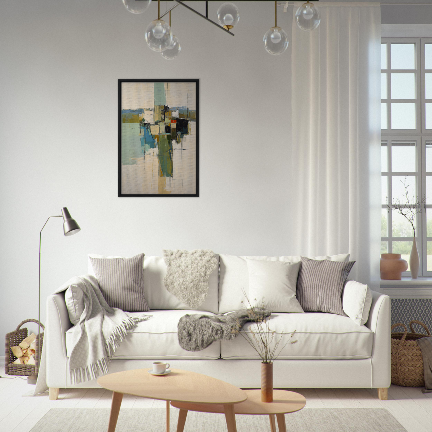 White sofa adorned with throw pillows and blankets in Kaleidoscope City Dreams collection