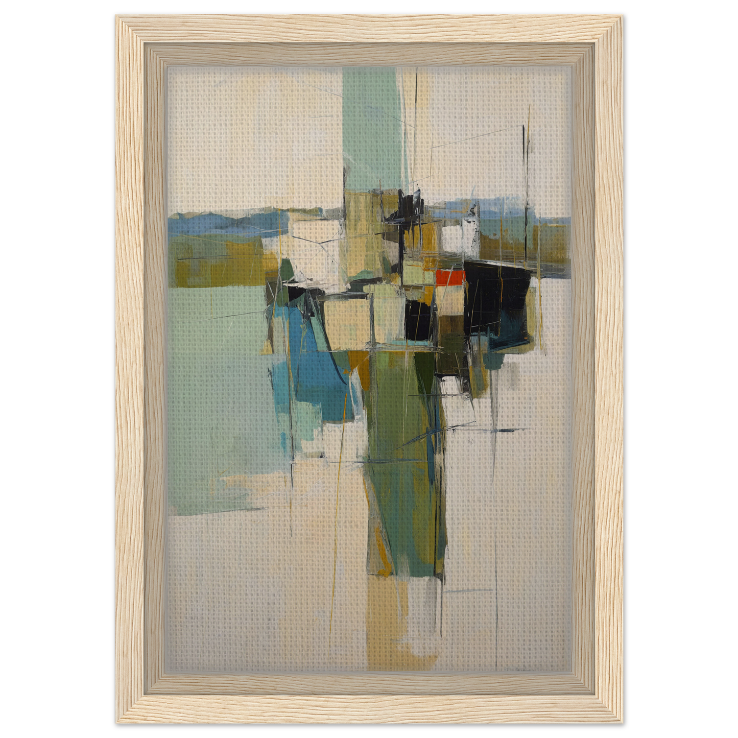 Abstract painting with geometric shapes in muted colors for Kaleidoscope City Dreams room decor