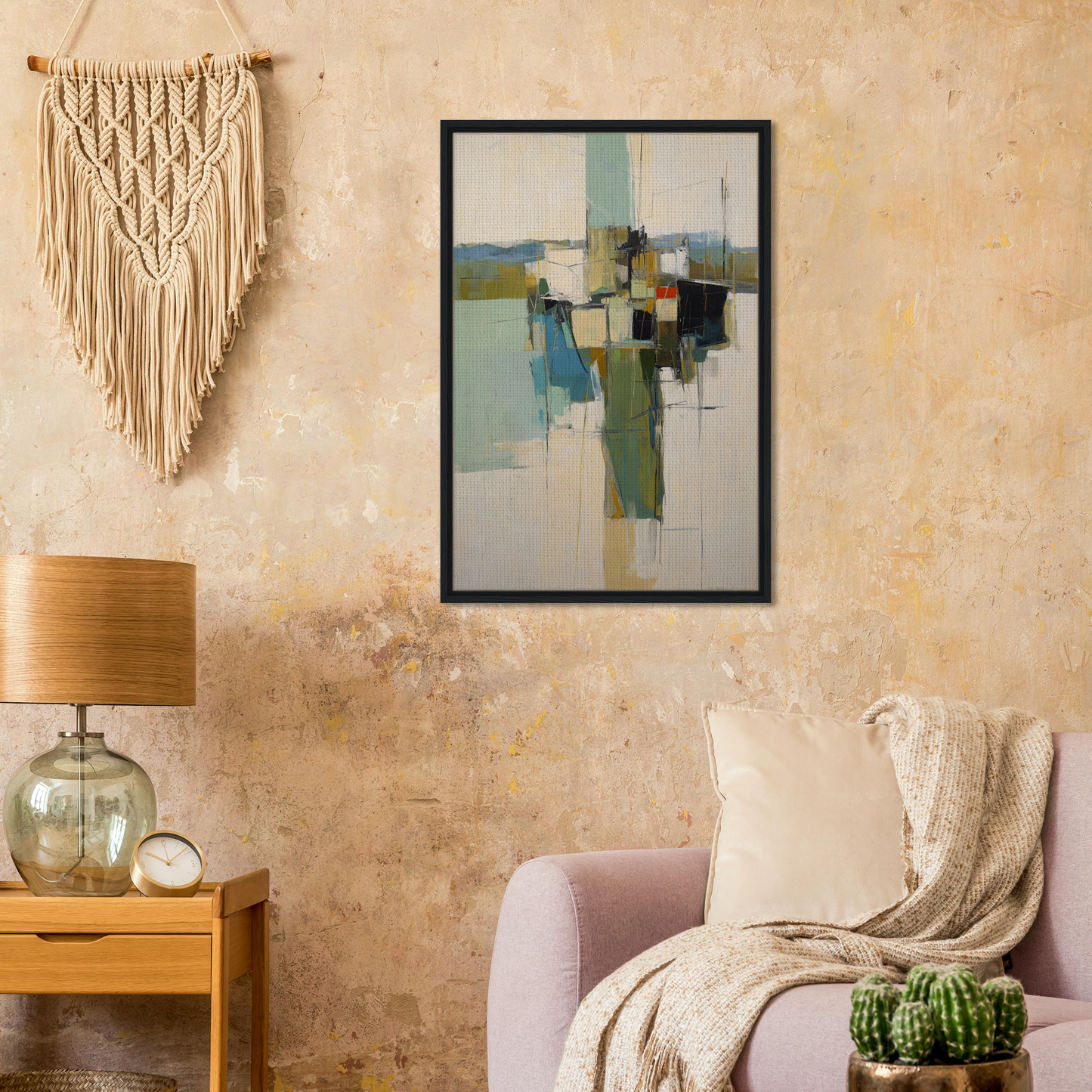 Abstract painting featuring geometric shapes in muted tones for Kaleidoscope City Dreams room decor