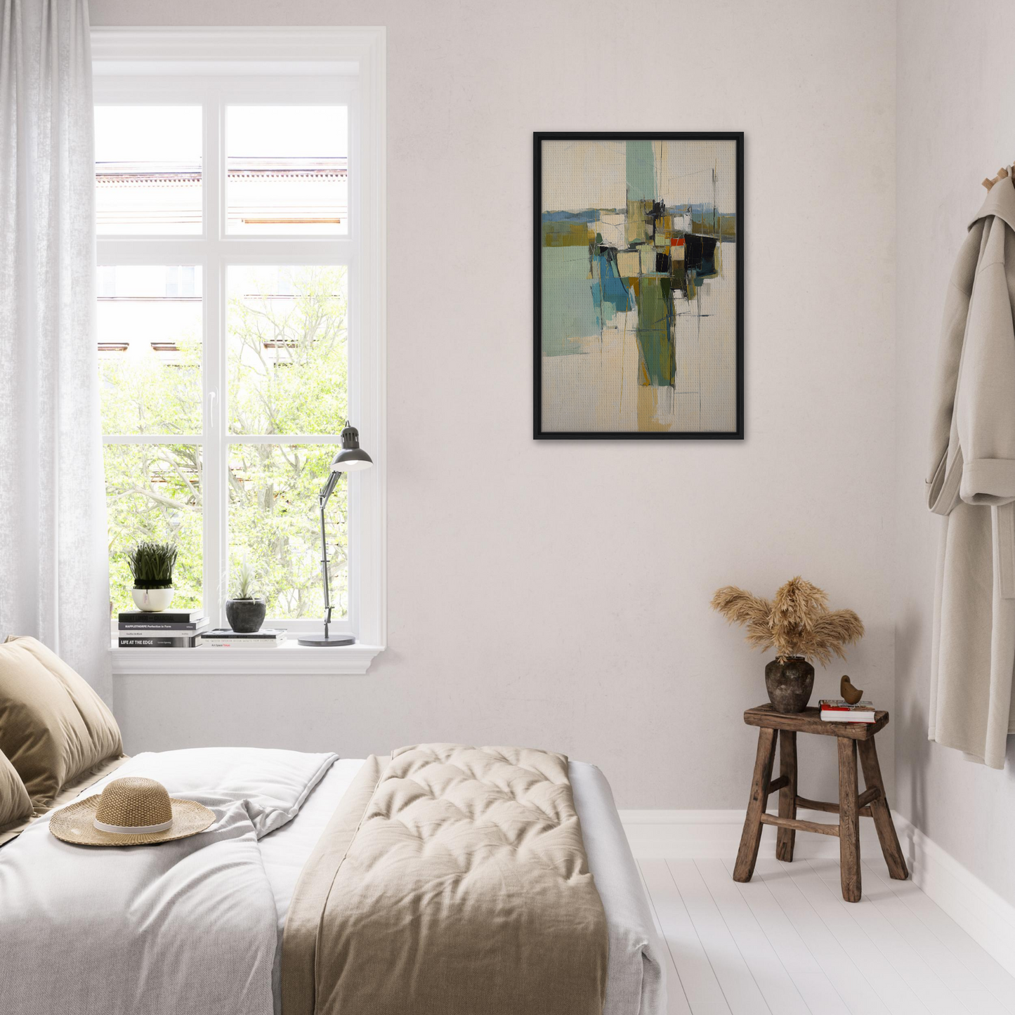 Bright, airy bedroom showcasing Kaleidoscope City Dreams framed canvas print with minimalist decor