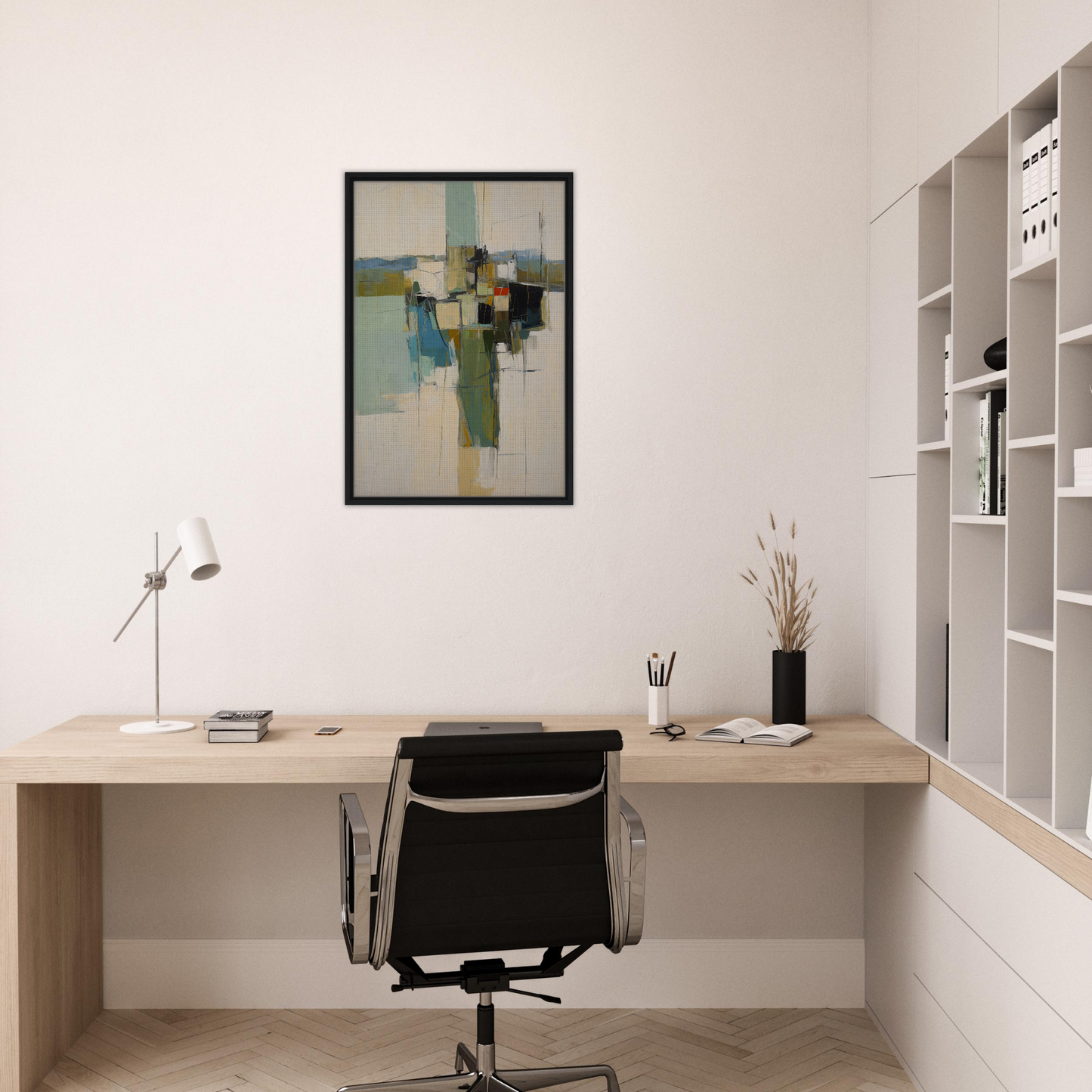 Minimalist home office featuring Kaleidoscope City Dreams wall art and elegant decor