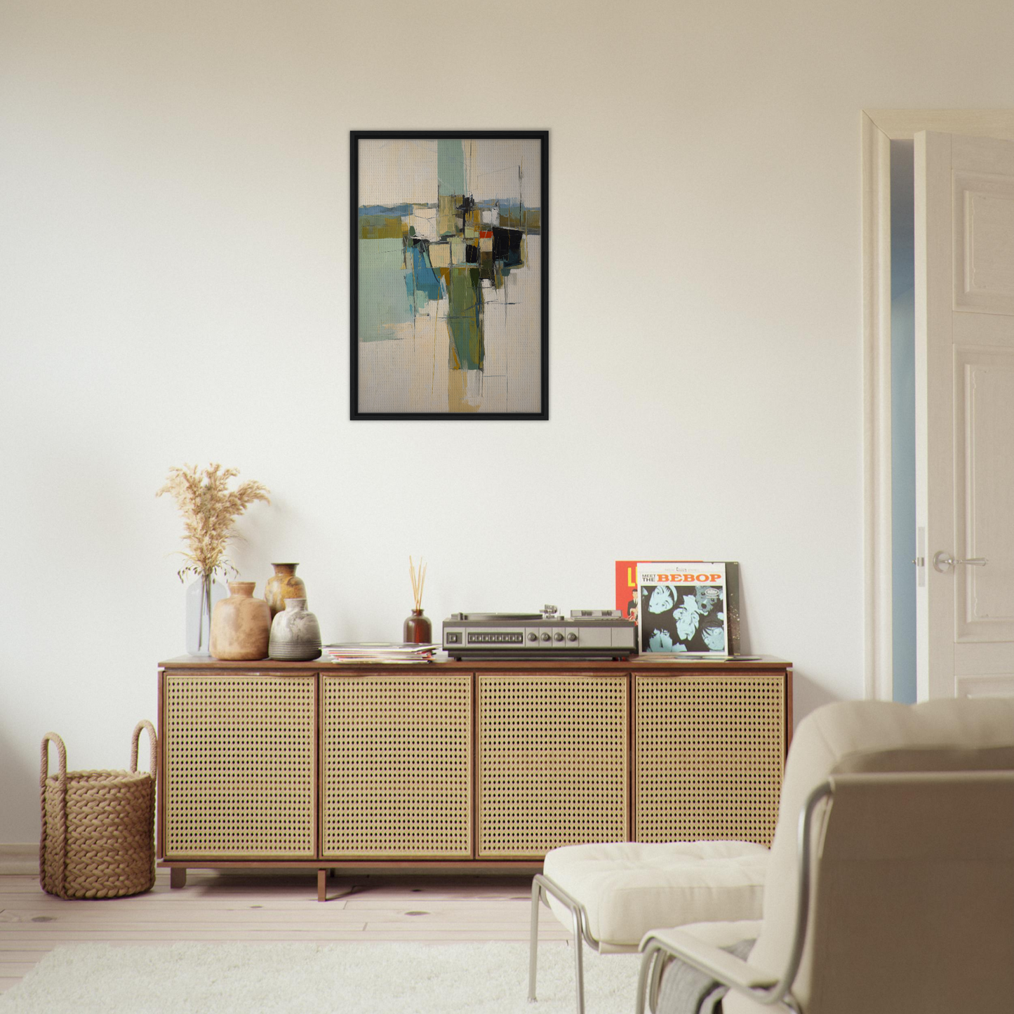 Wooden sideboard with cane-webbed doors showcasing decorative items from Kaleidoscope City Dreams