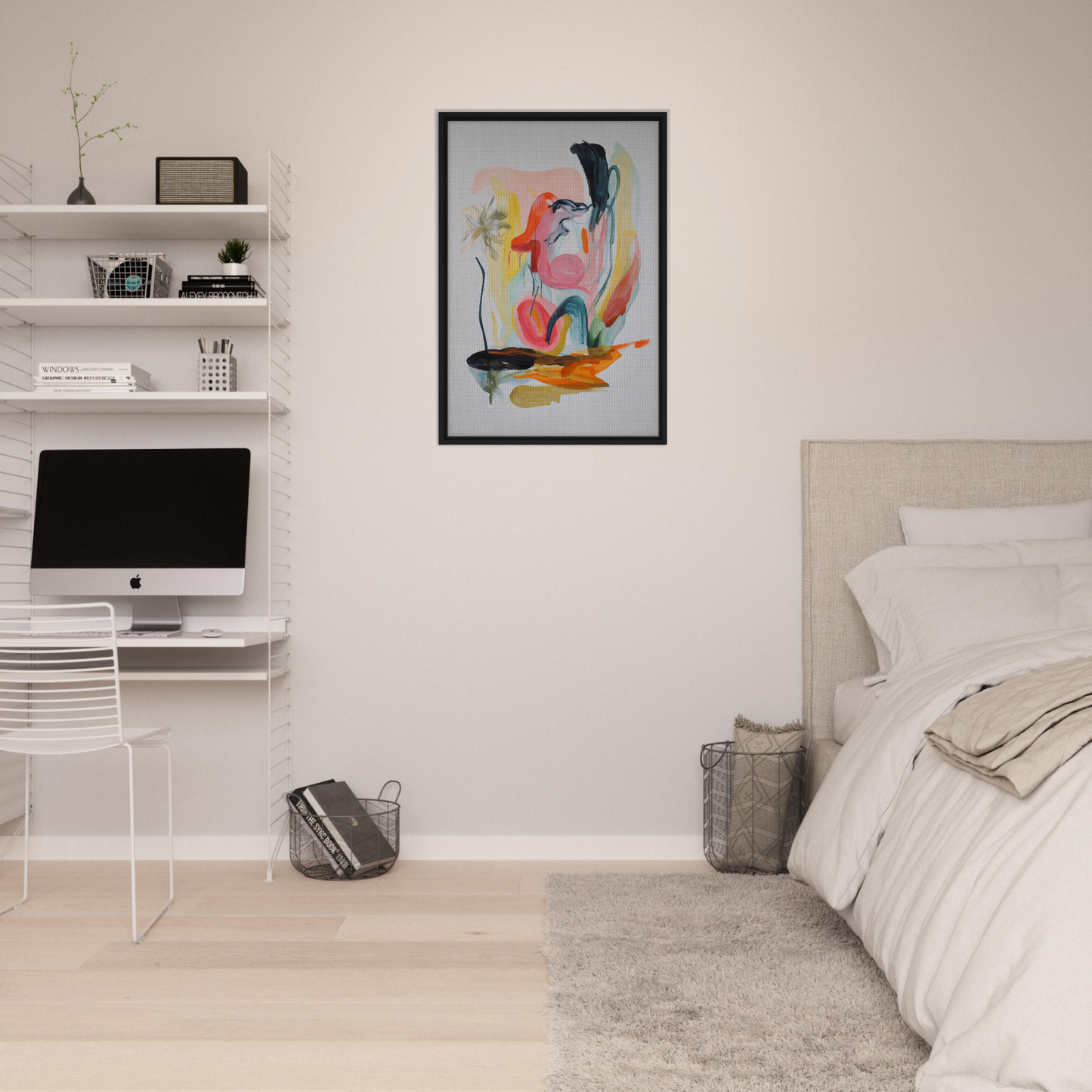 Colorful abstract painting in a black frame, part of Kaleidoscope’s Thought Symphony decor