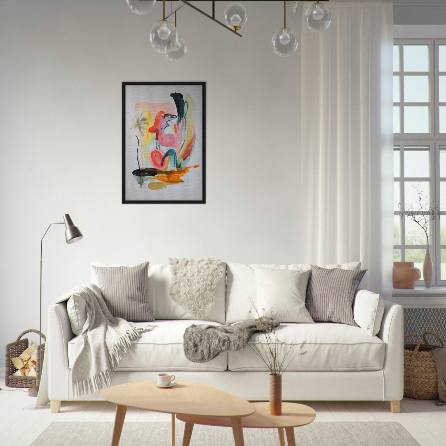 Elegant white sofa adorned with throw pillows and blankets from Kaleidoscope’s Thought Symphony