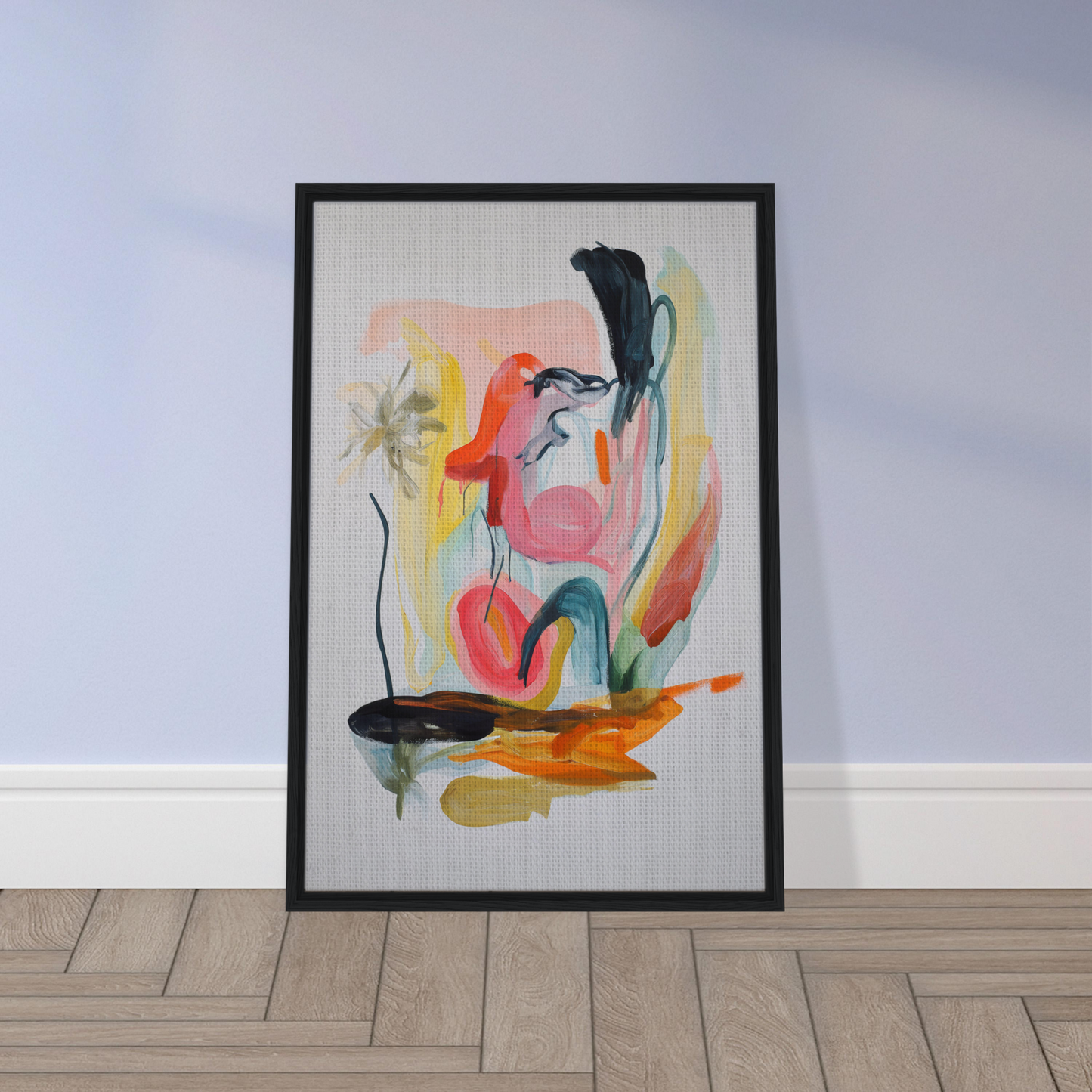 Abstract painting with fluid colors in black frame, Kaleidoscope’s Thought Symphony