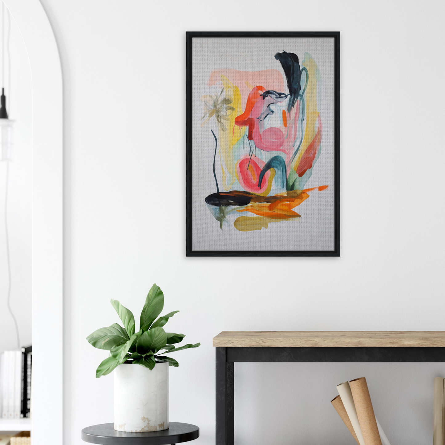 Abstract painting with colorful fluid shapes in a black frame, Kaleidoscope’s Thought Symphony