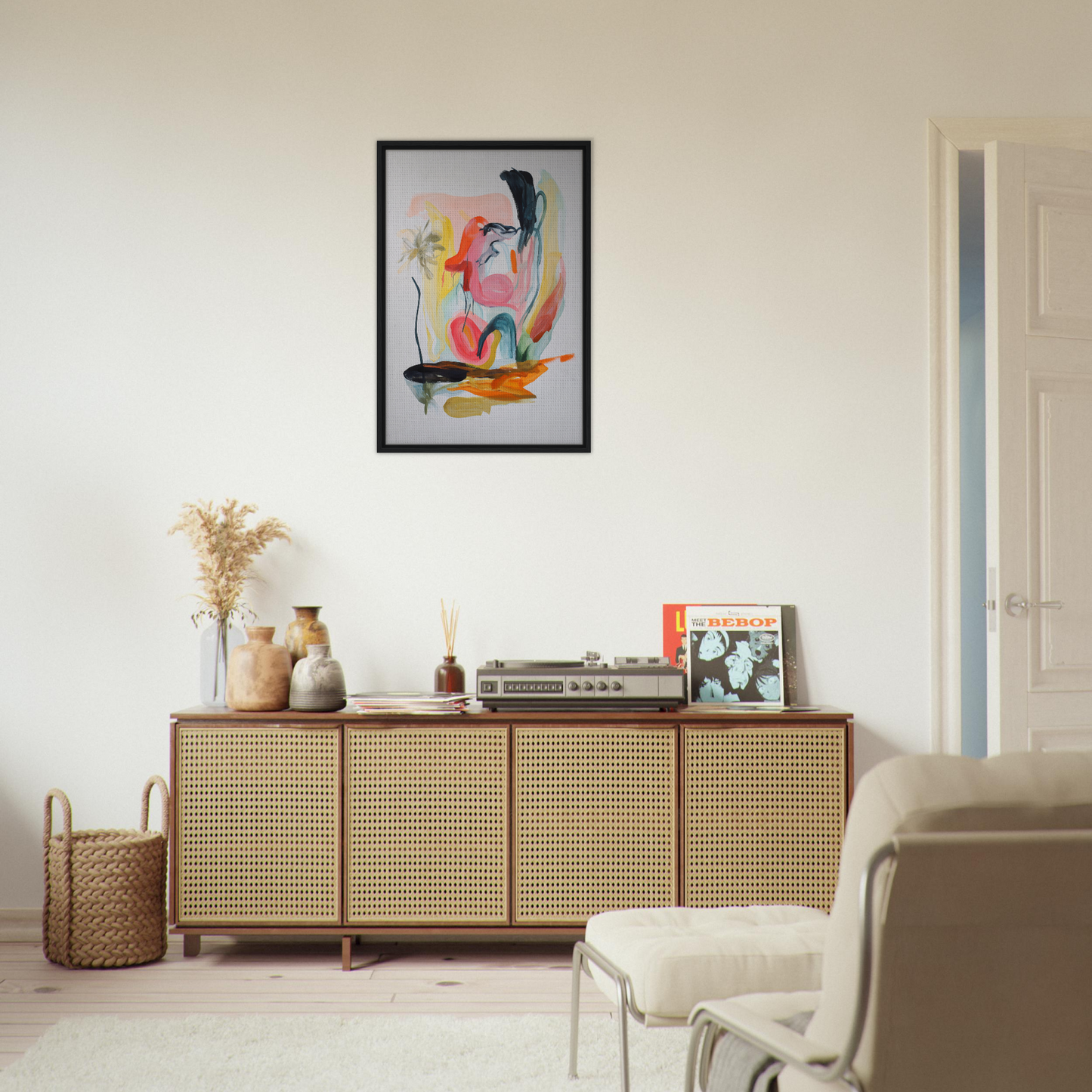 Wooden sideboard with cane-webbed doors from Kaleidoscope’s Thought Symphony for stylish room decor