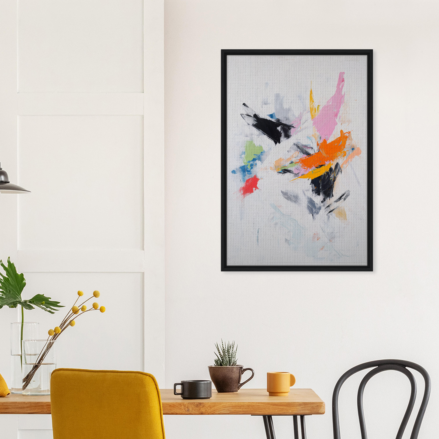 Abstract painting Kaleidoscopic Action Burst with colorful splashes in a black frame