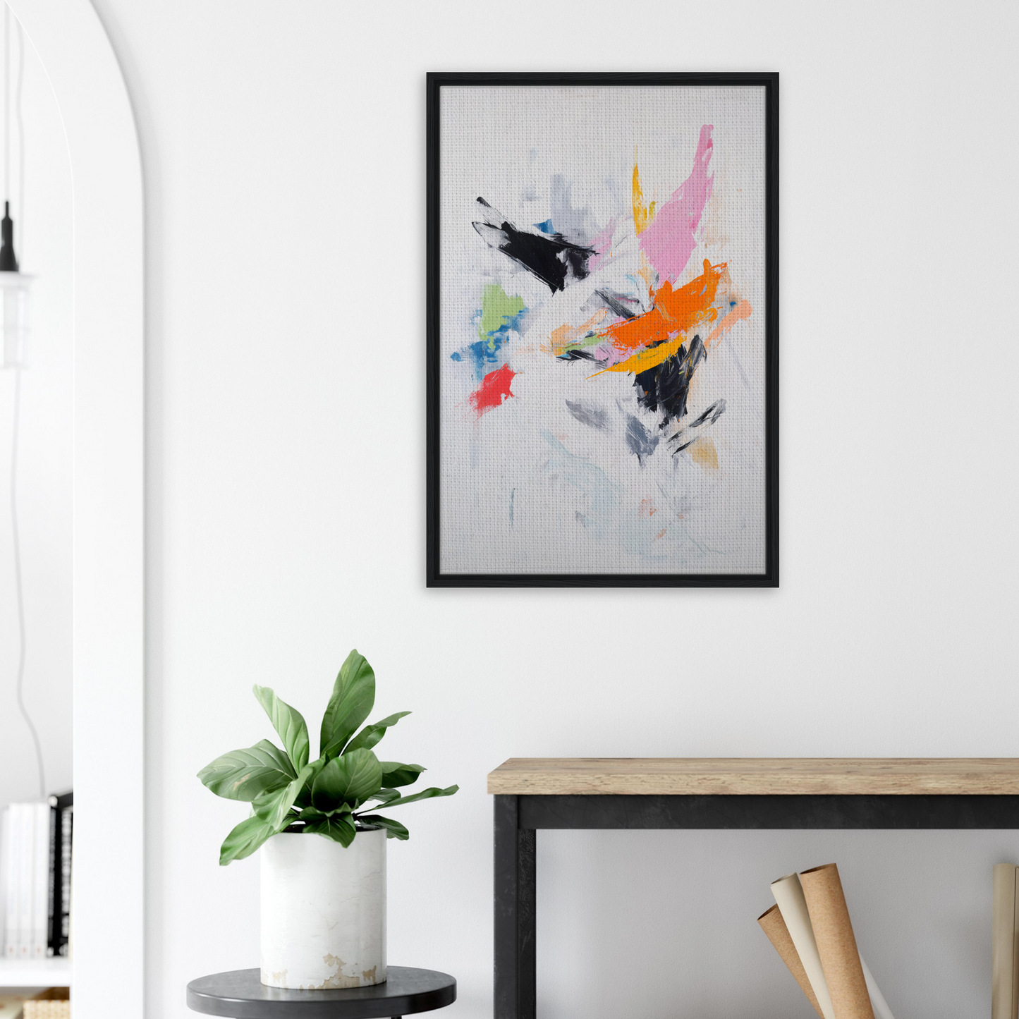 Abstract painting with colorful splashes in black frame, Kaleidoscopic Action Burst
