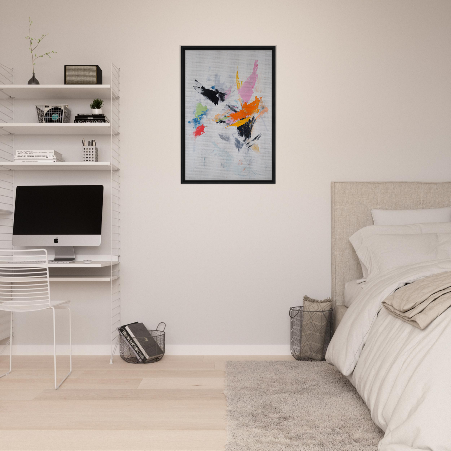 Framed canvas print of Kaleidoscopic Action Burst with colorful shapes and black silhouettes