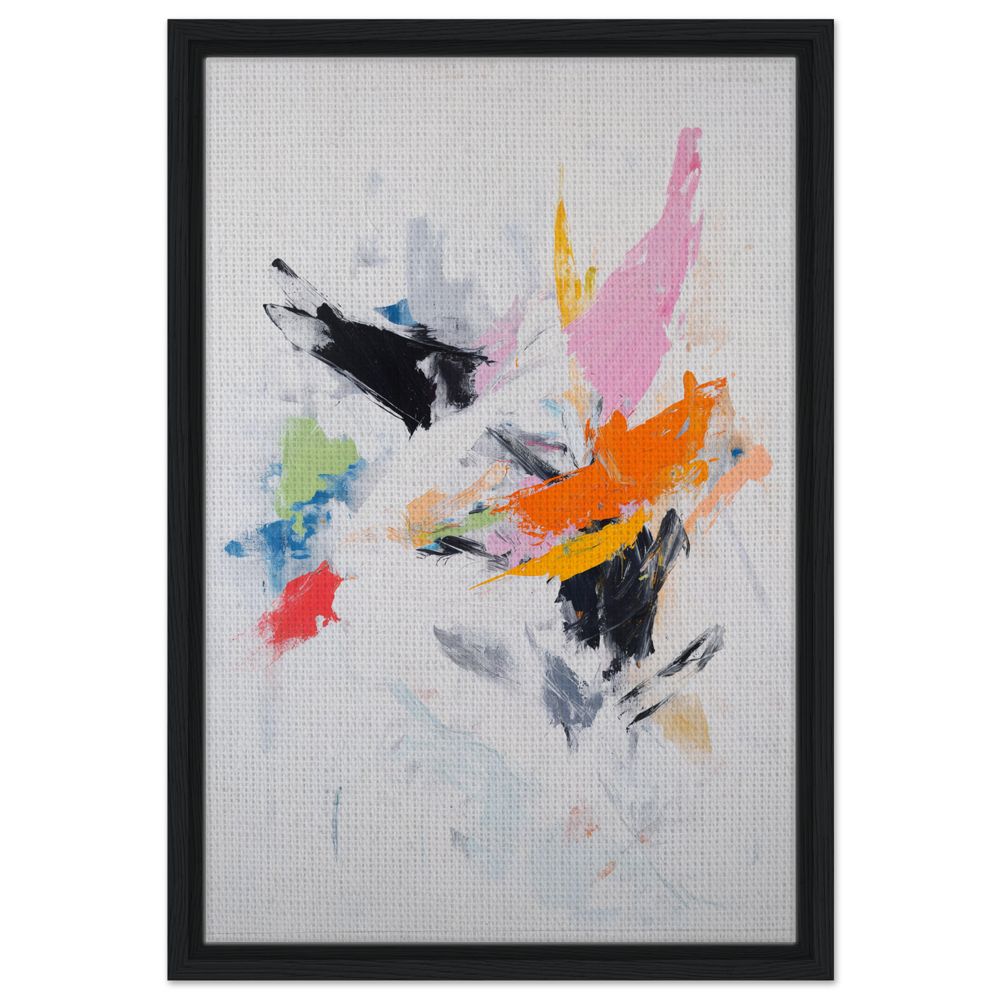 Abstract painting featuring colorful splashes in a black-framed canvas print, Kaleidoscopic Action Burst