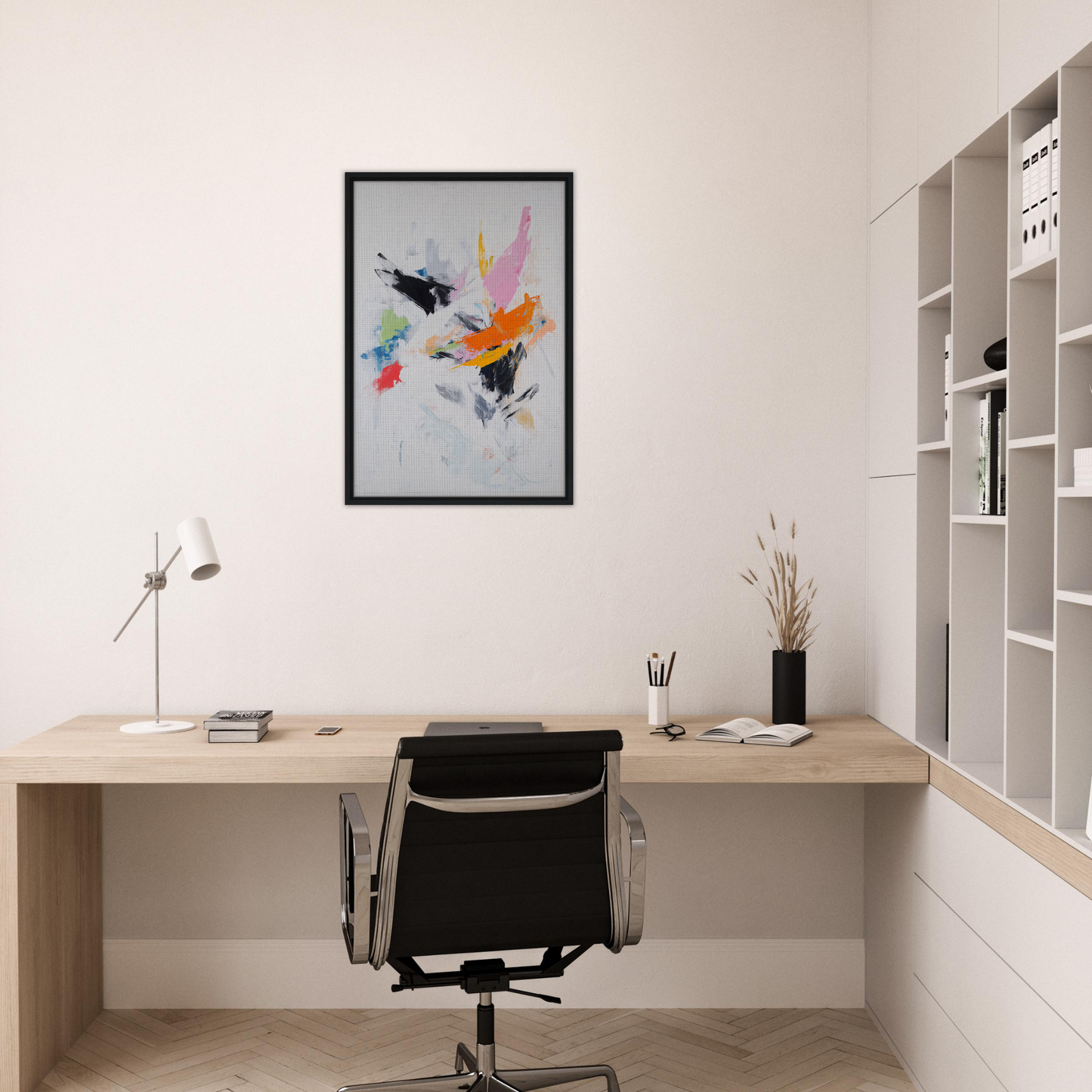 Minimalist home office showcasing Kaleidoscopic Action Burst artwork and stylish desk setup