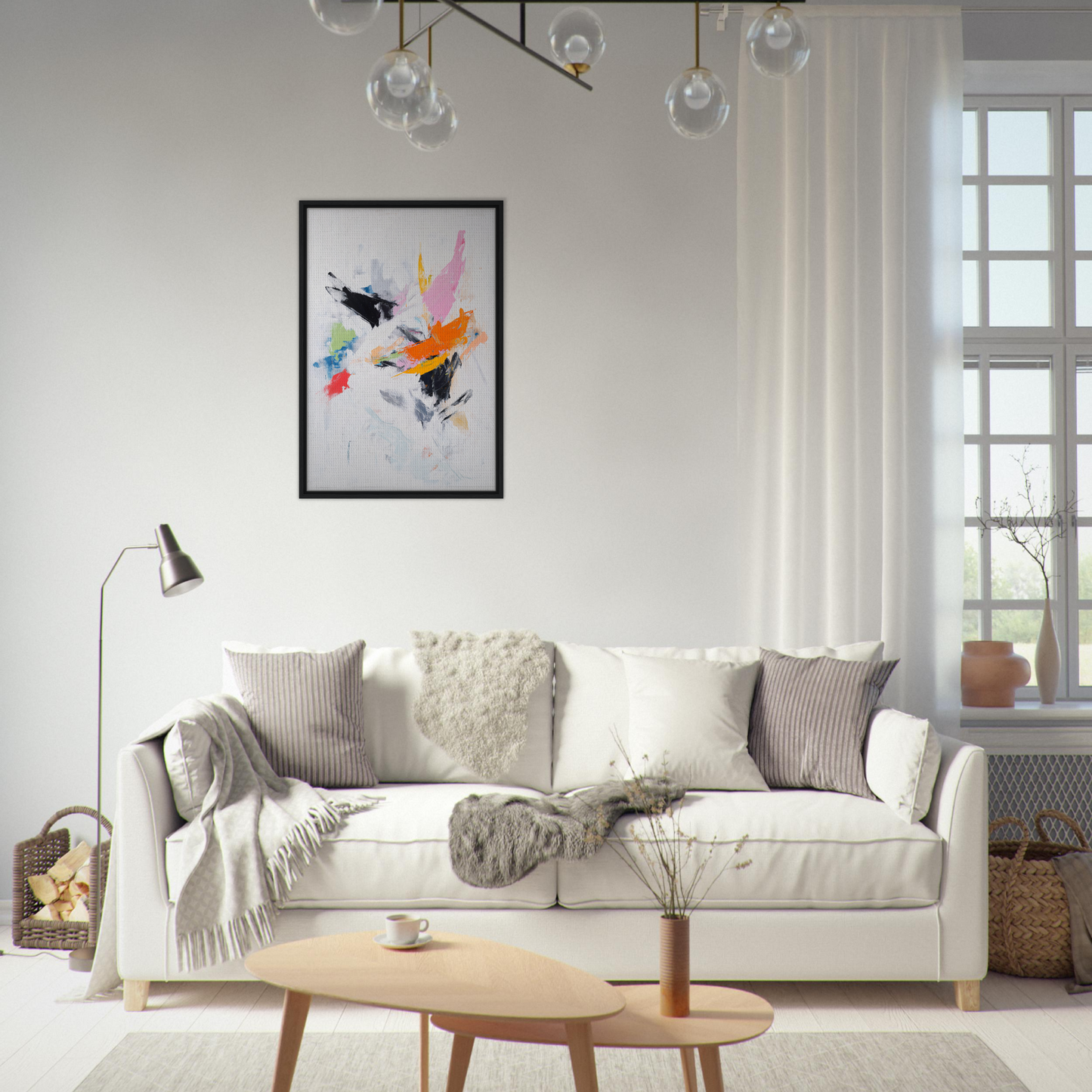 White sofa with throw pillows and blankets for stylish room decor, Kaleidoscopic Action Burst