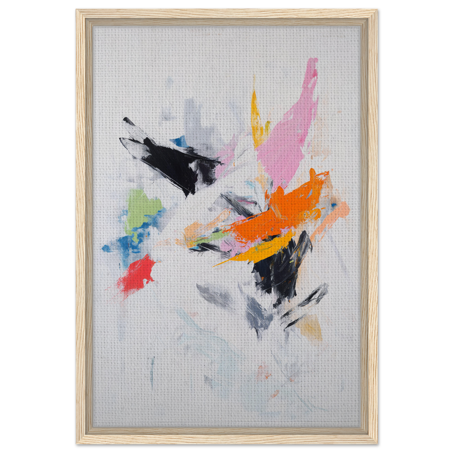 Abstract painting titled Kaleidoscopic Action Burst with colorful splashes and wood frame