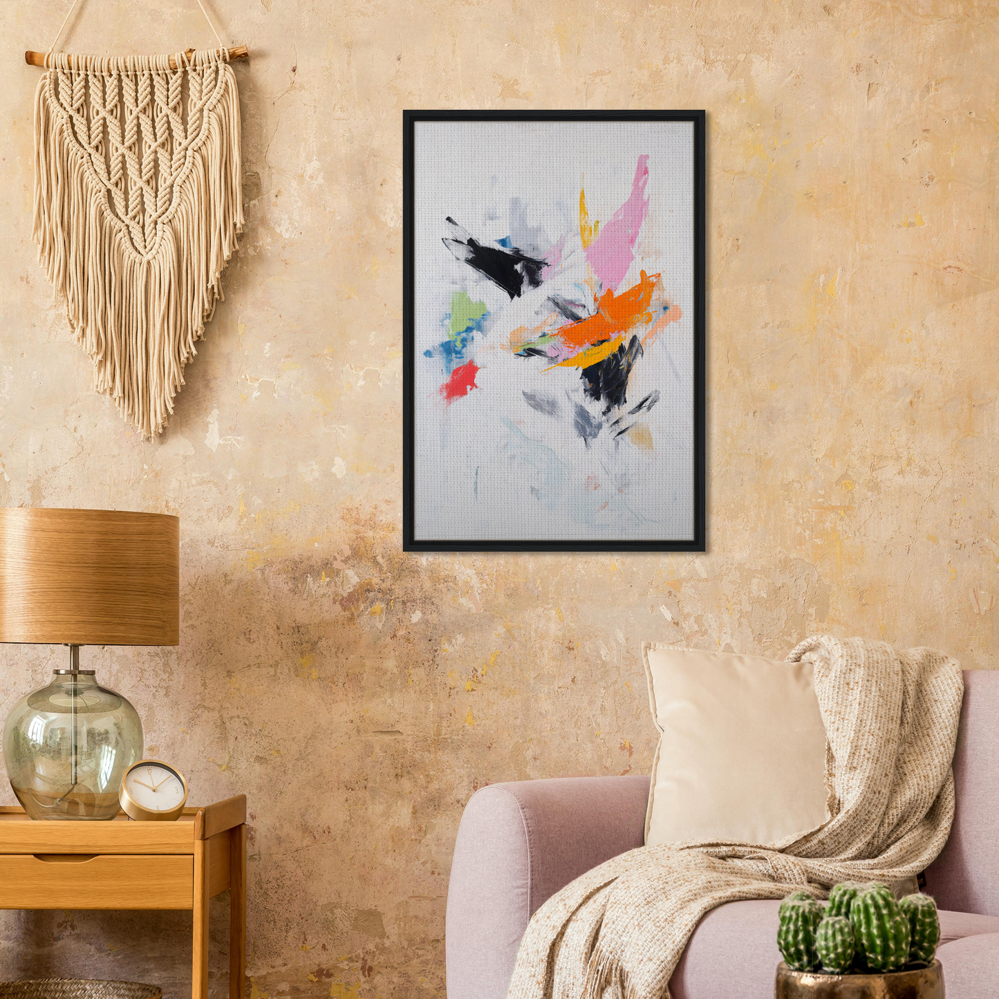 Framed abstract painting titled Kaleidoscopic Action Burst, perfect for vibrant room decor