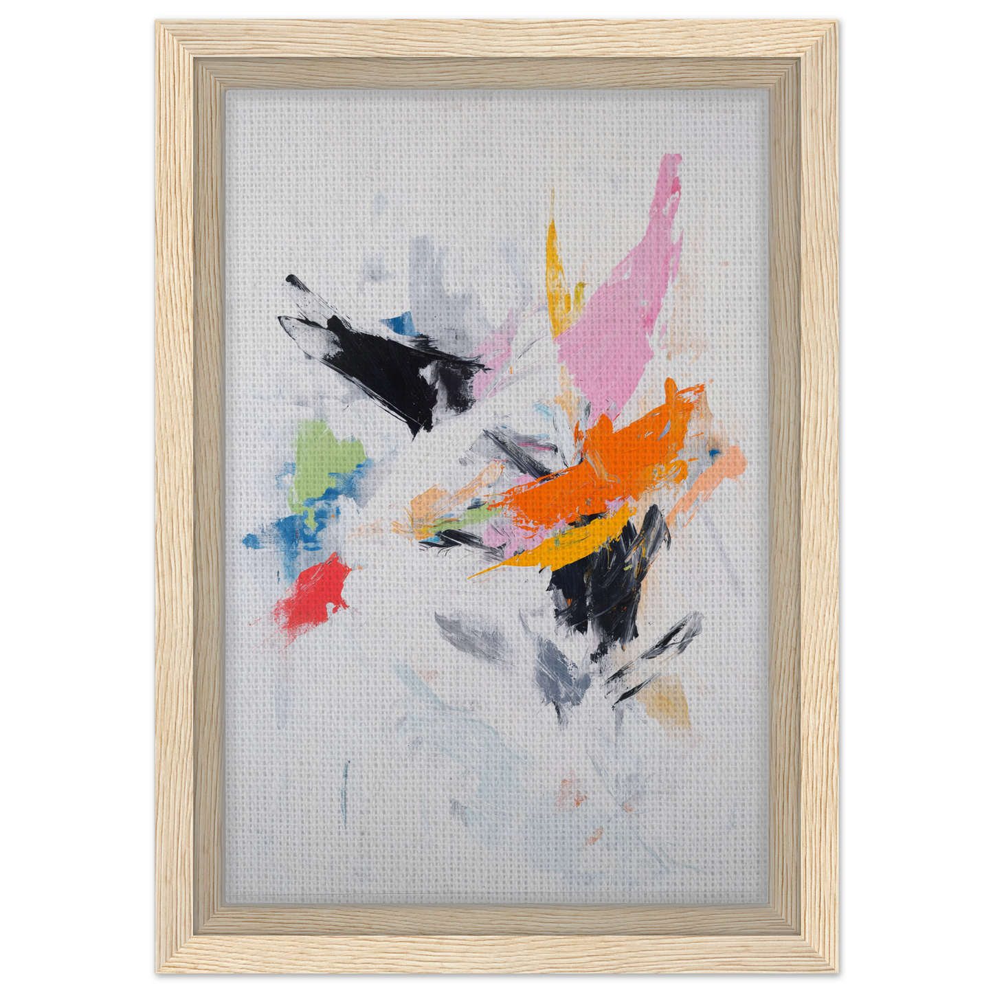 Framed canvas print featuring a Kaleidoscopic Action Burst with vibrant brushstrokes