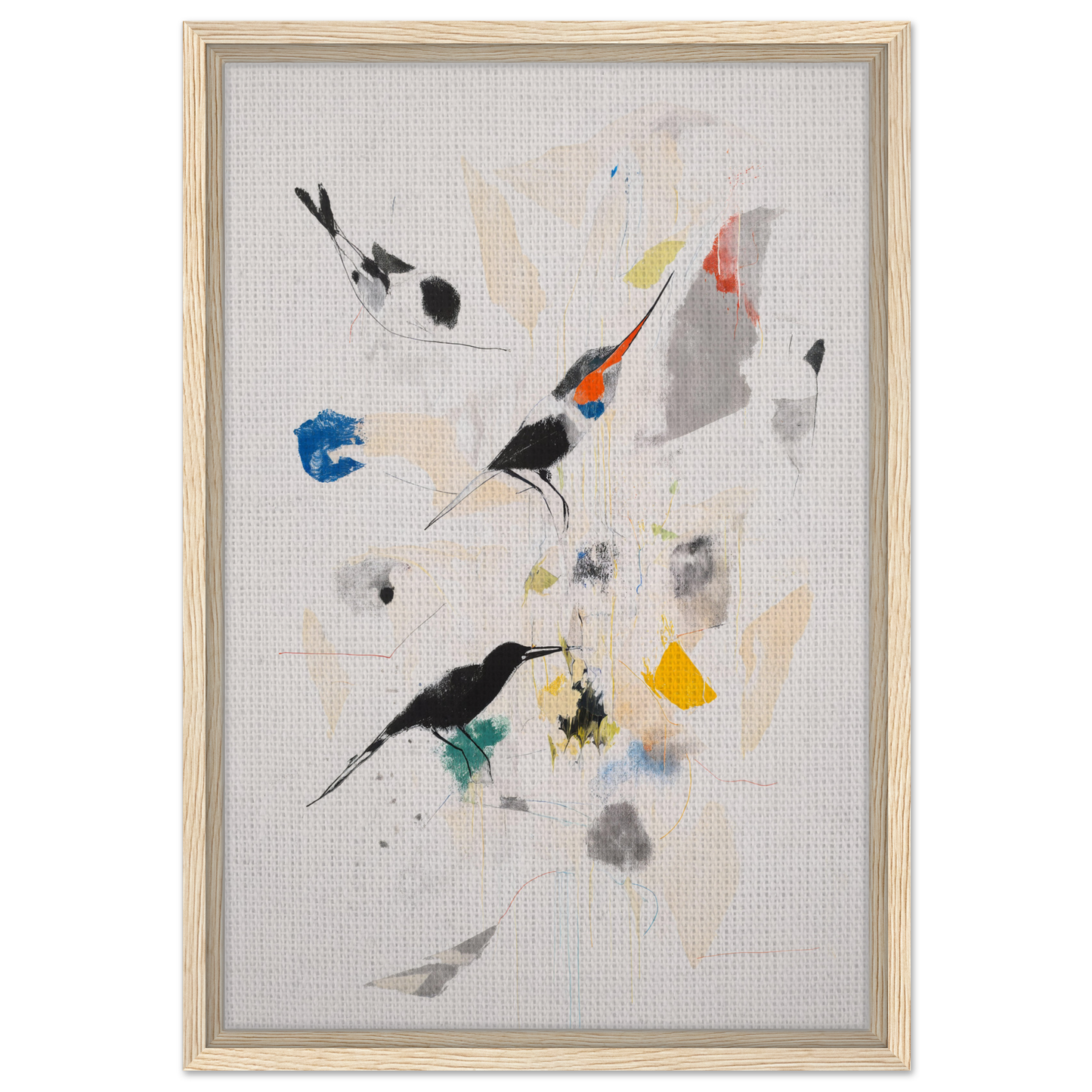 Abstract painting titled Kaleidoscopic Flight Symphony with colorful shapes for room decor