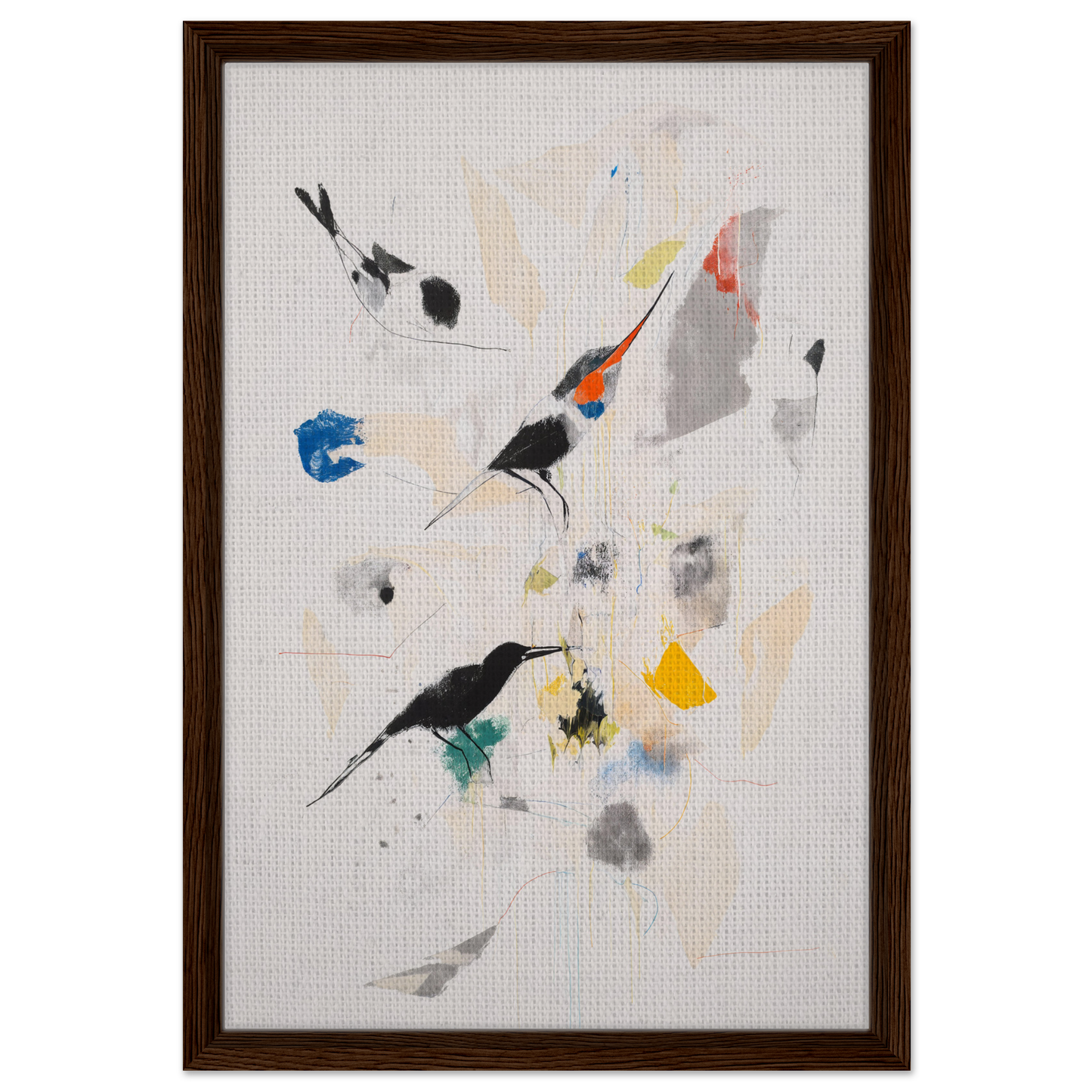 Abstract painting with colorful splotches, framed canvas print in dark brown finishes