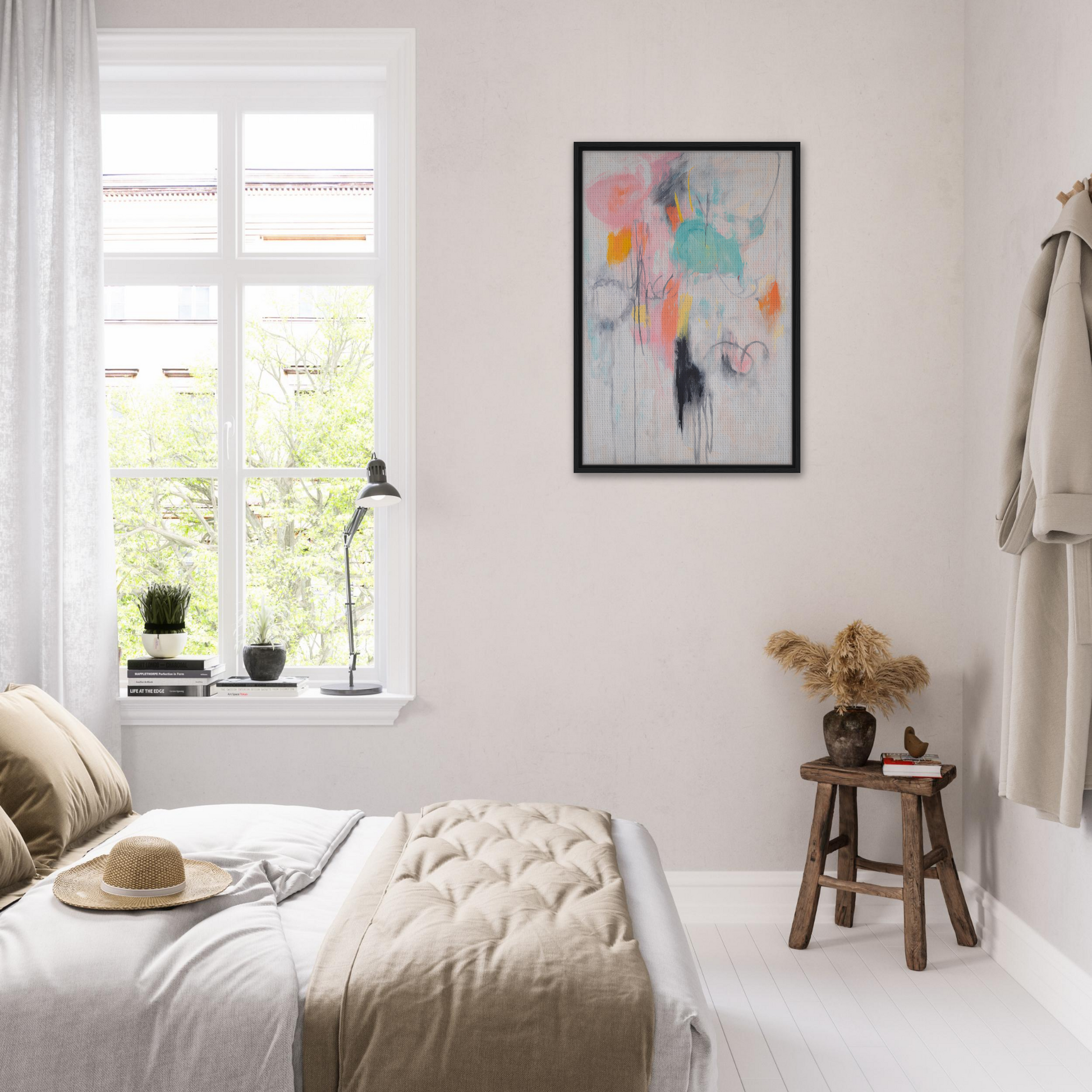 Bright, airy bedroom featuring minimalist decor and abstract expressionism artwork from Kaleidoscopic Mindscape Awakens