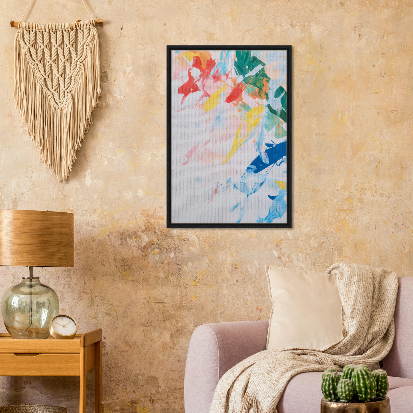 Colorful abstract painting titled Kaleidoscopic Rhapsody Dance in a black frame