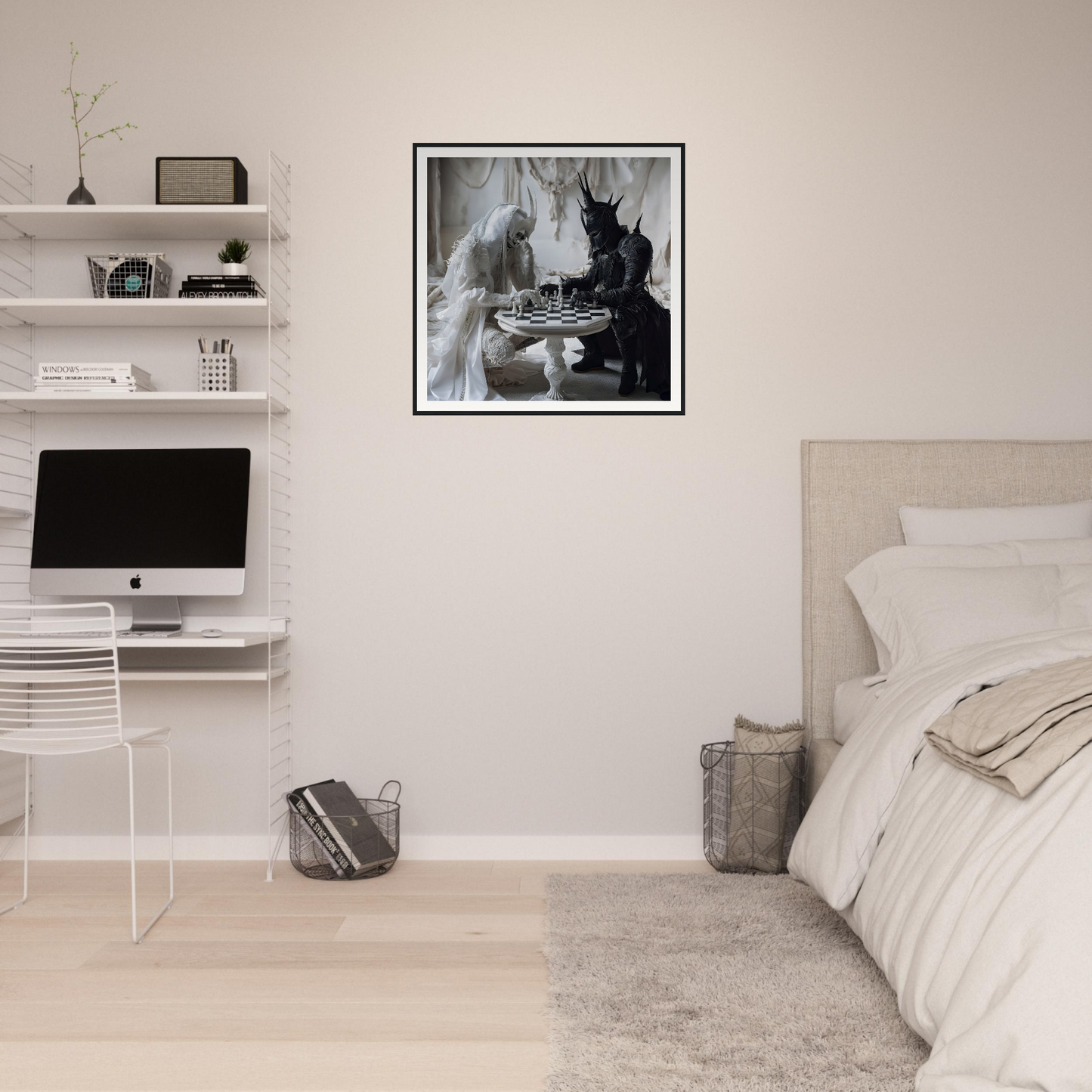Minimalist bedroom with floating shelves, iMac, neutral bedding, and Kindled Celestial Dance