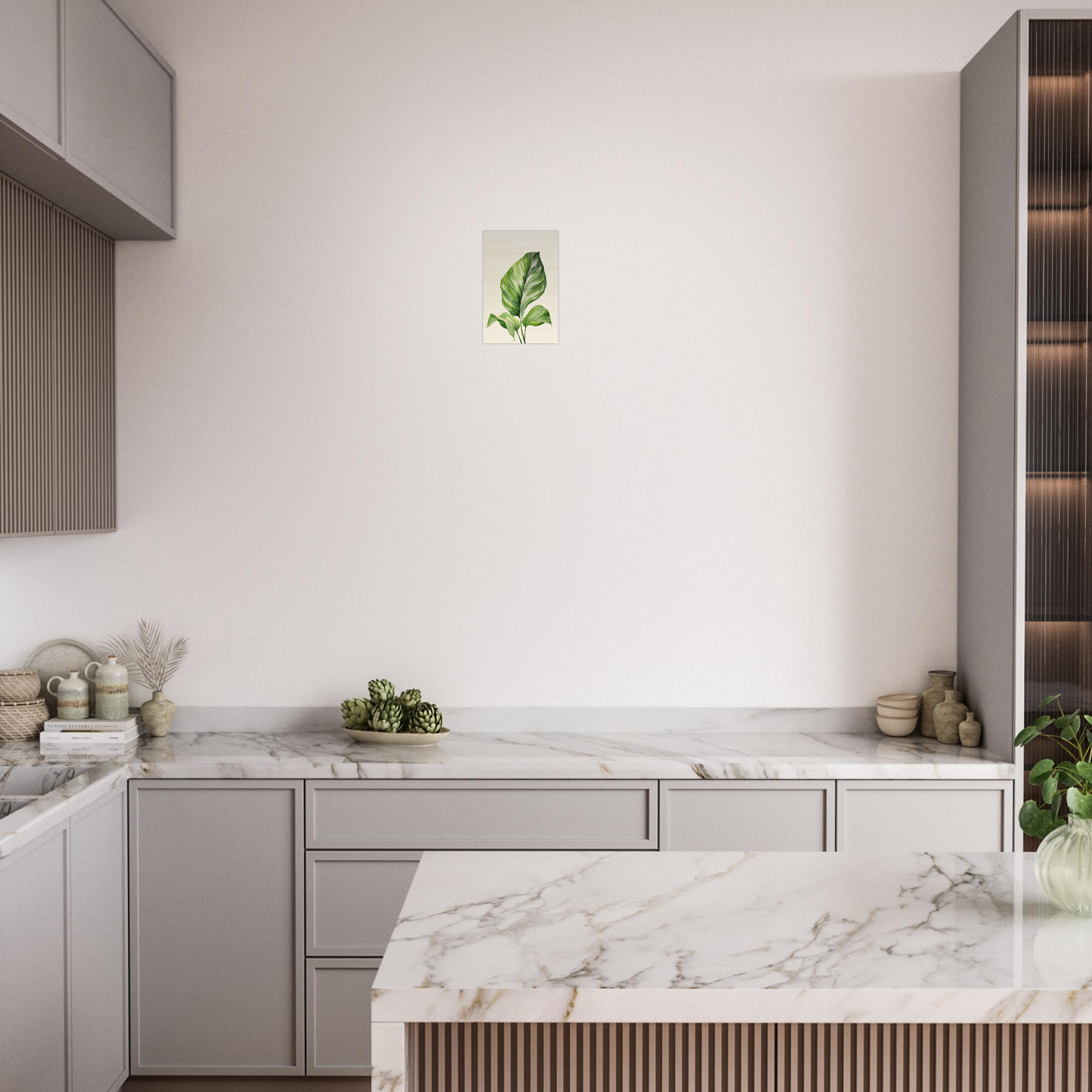 A kitchen with marble counter tops and a marble island