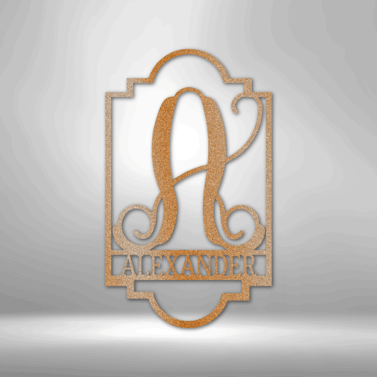 Decorative wooden monogram sign featuring the letter ’A’ and the name ’Alexander’ in an ornate frame design.