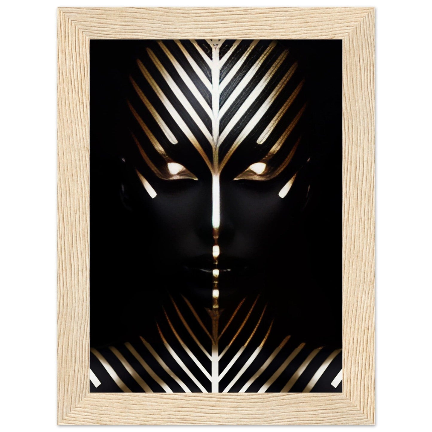 Stylized abstract face with geometric patterns in black, white, and gold tones.
