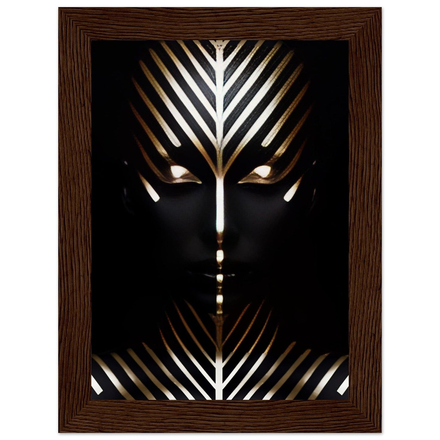 Stylized tribal mask with geometric patterns in white and gold against a dark background.