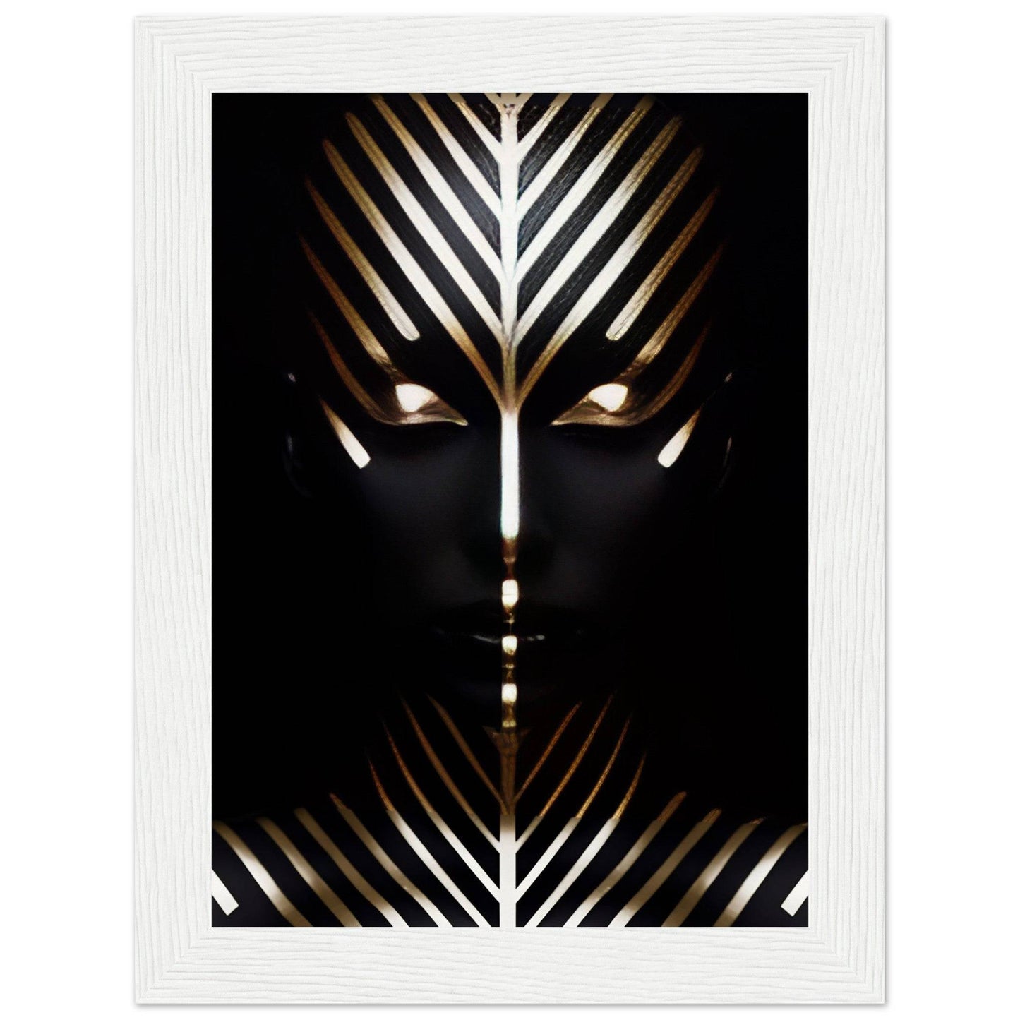 Stylized face with geometric gold and white patterns against a black background.