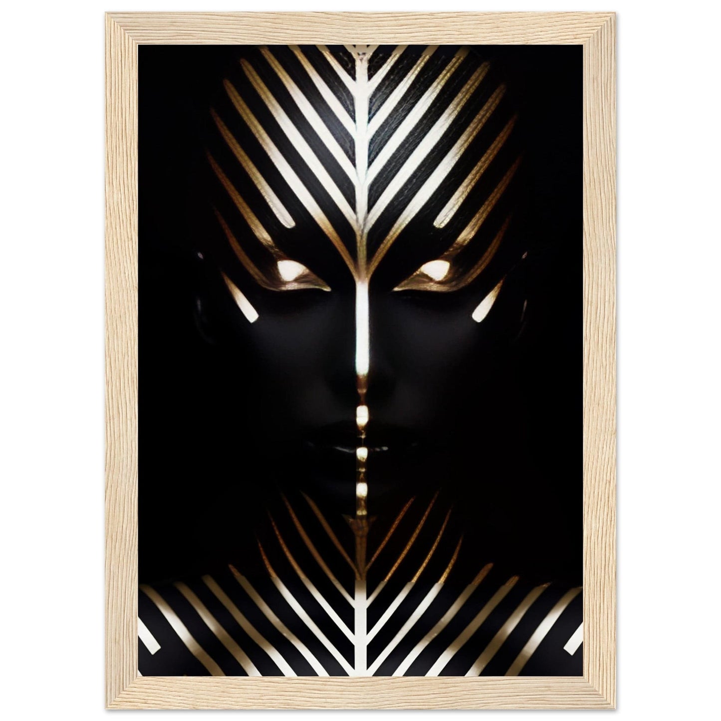 Stylized face with geometric gold and white patterns against a black background.