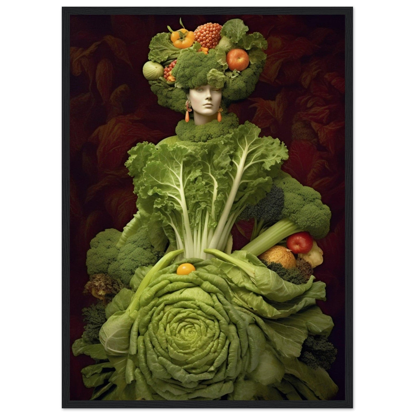 Surreal figure composed entirely of various fruits and vegetables, with leafy greens forming a dress and headdress.