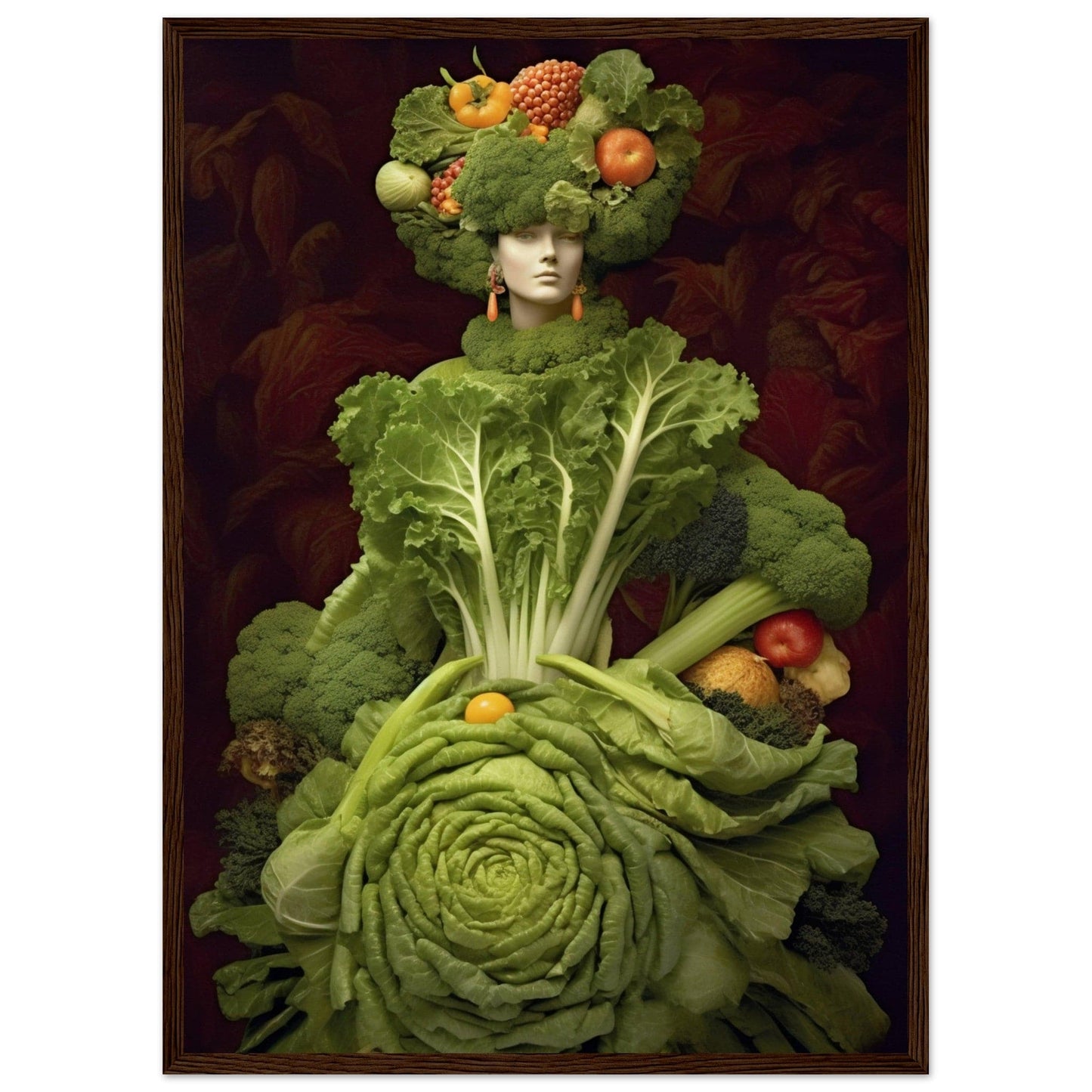 Surreal figure composed entirely of various fruits and vegetables.