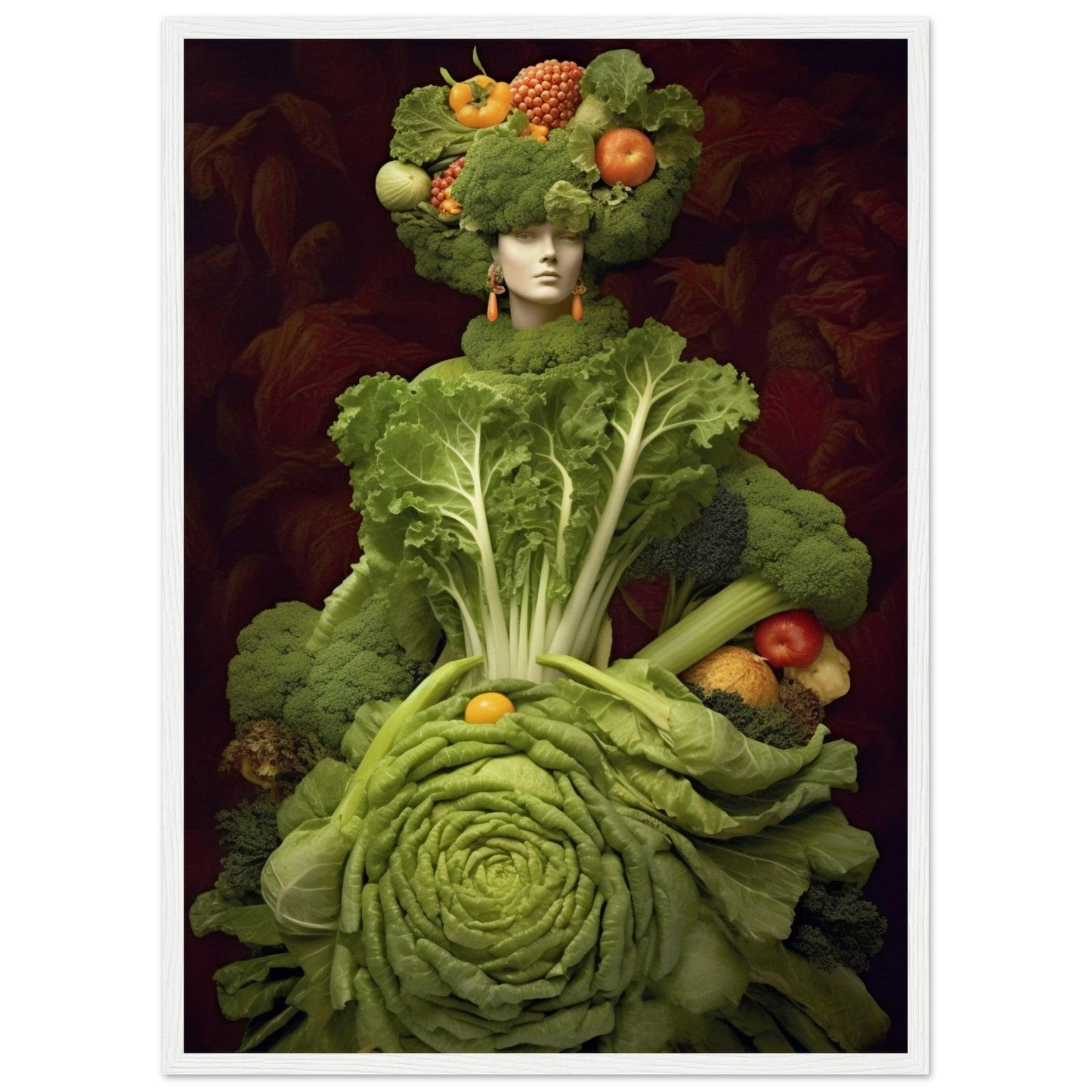 Figure composed entirely of various fruits and vegetables arranged to resemble a human form.
