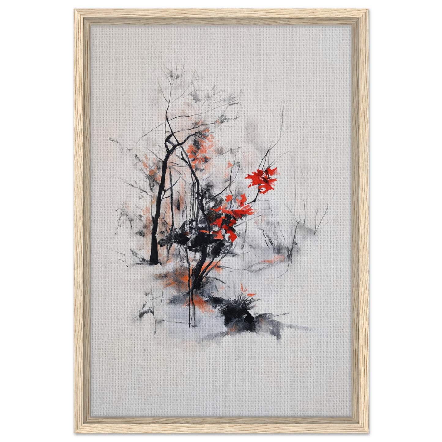 Framed canvas print featuring Leafless Whisper Blaze with delicate black brushstrokes and red splashes