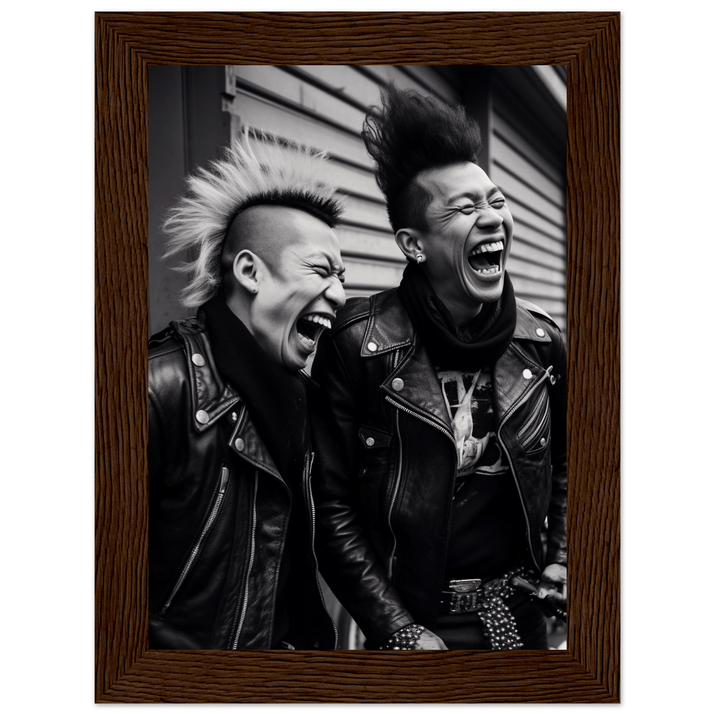 Black and white photograph of two laughing punk rockers with mohawk hairstyles wearing leather jackets.