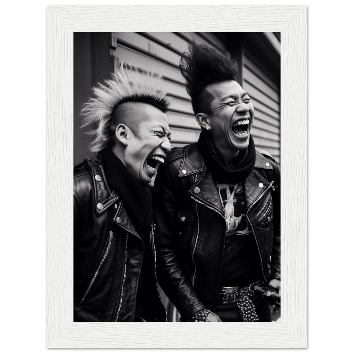 Two punk rockers with mohawks laughing exuberantly.