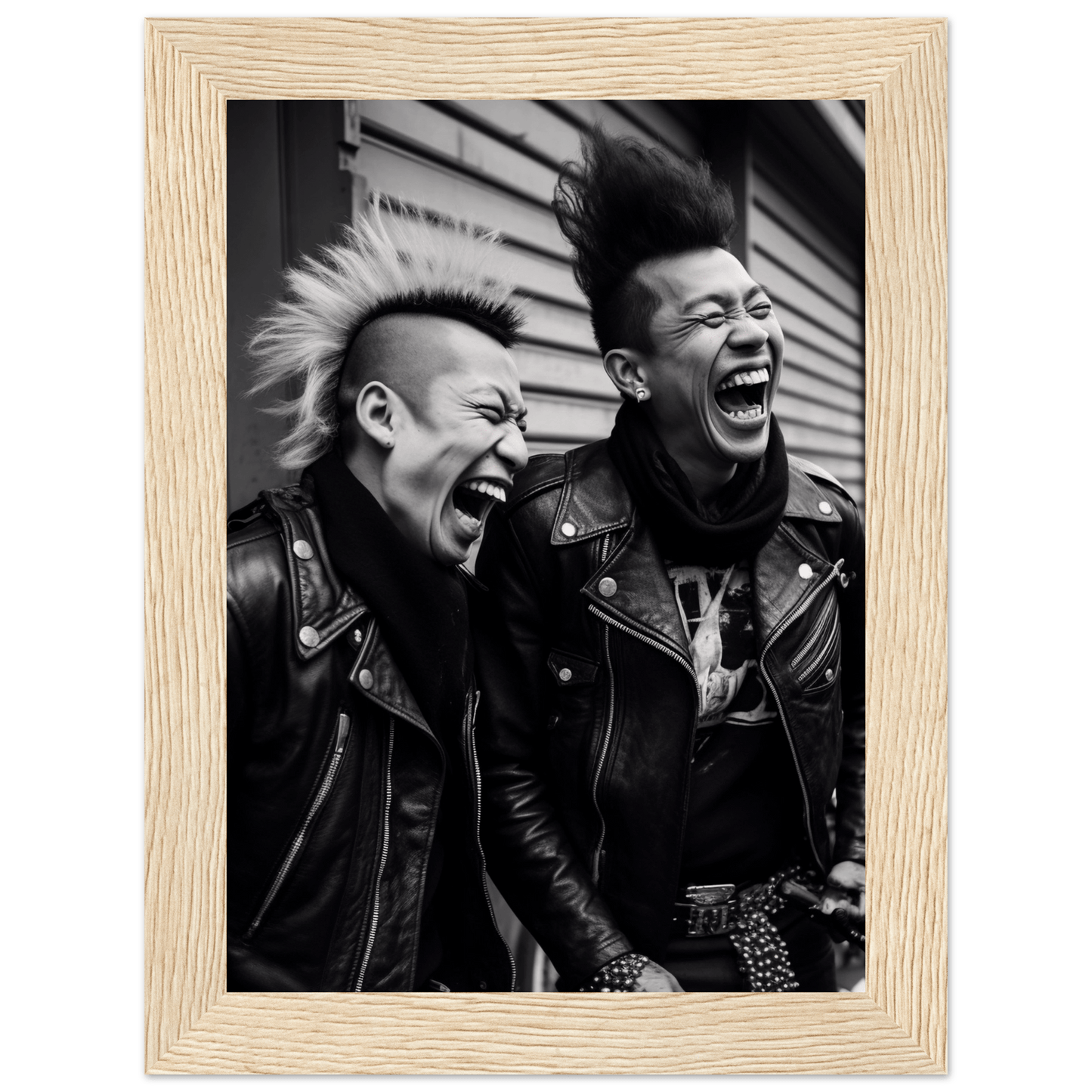 Black and white photograph of two punk rockers with mohawks laughing exuberantly.
