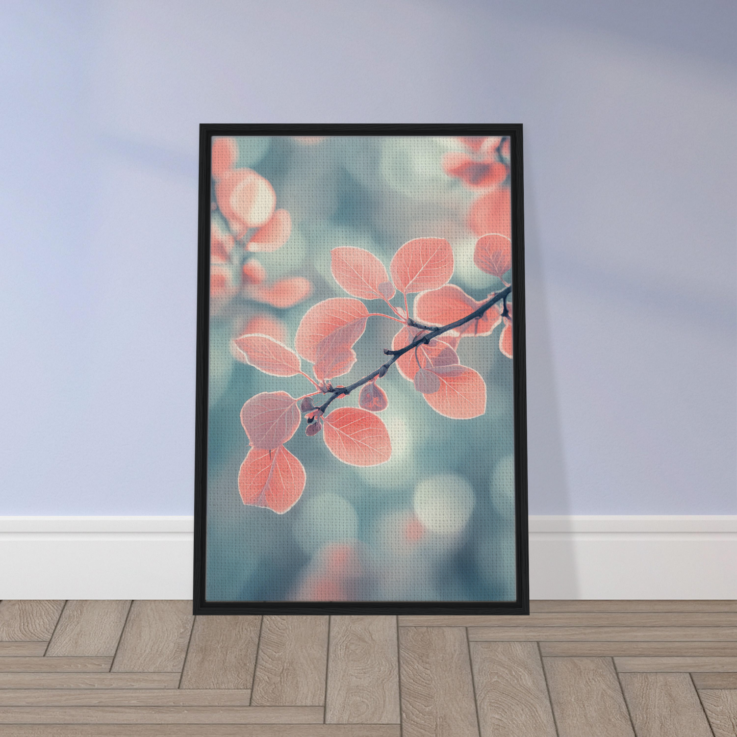Framed photograph of pink leaves in a blurred background for Leaves Transcendent Whirl room decor
