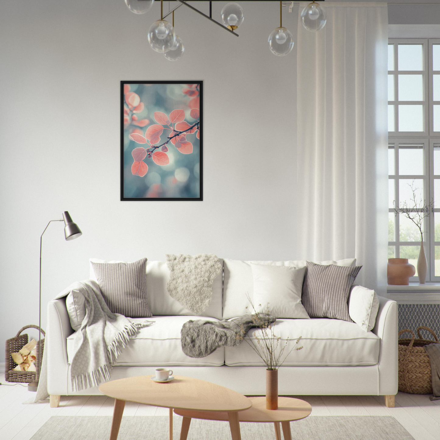 Stylish white sofa with throw pillows and blankets for ’Leaves’ Transcendent Whirl room decor