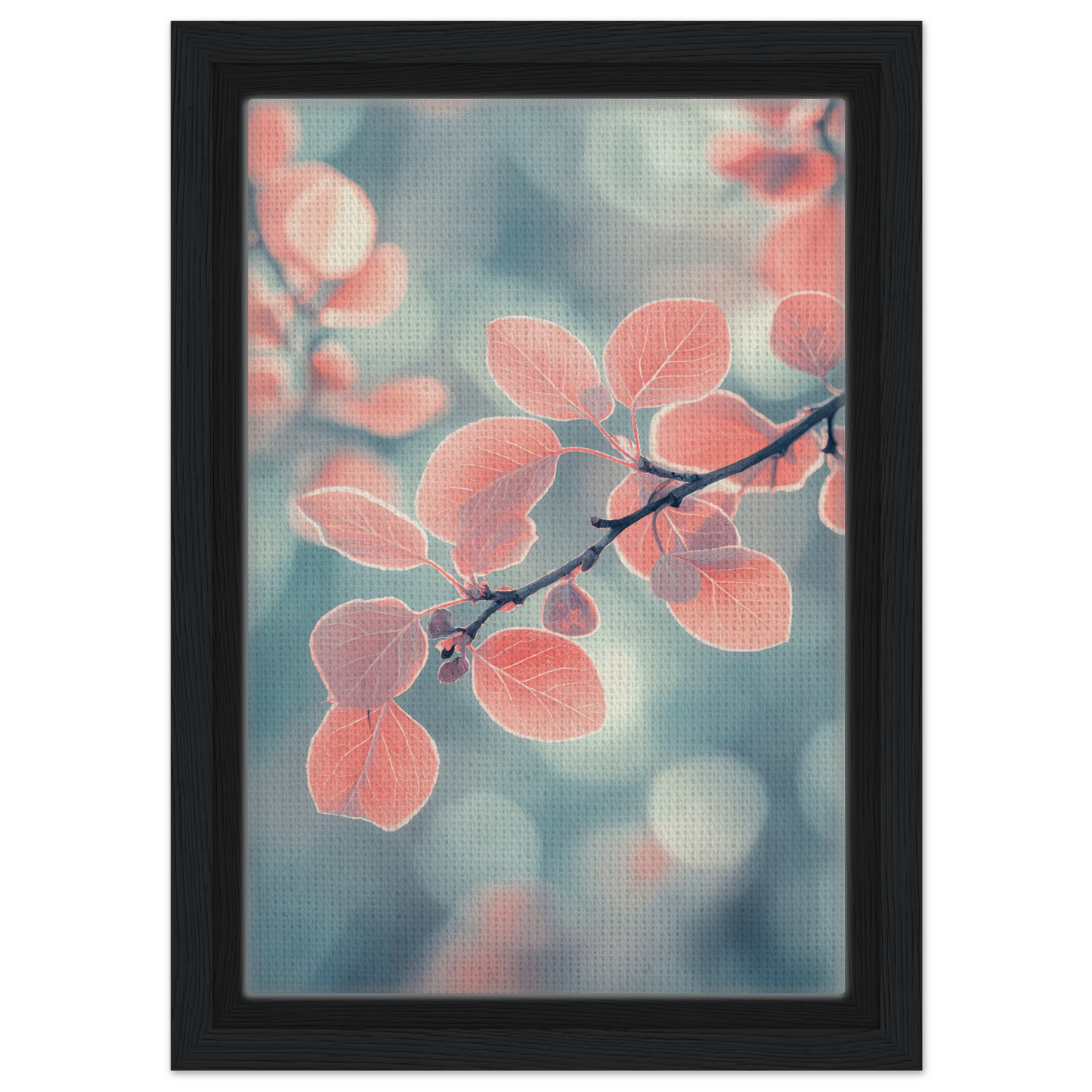 Delicate coral-pink leaves branch, framed canvas print from Leaves Transcendent Whirl