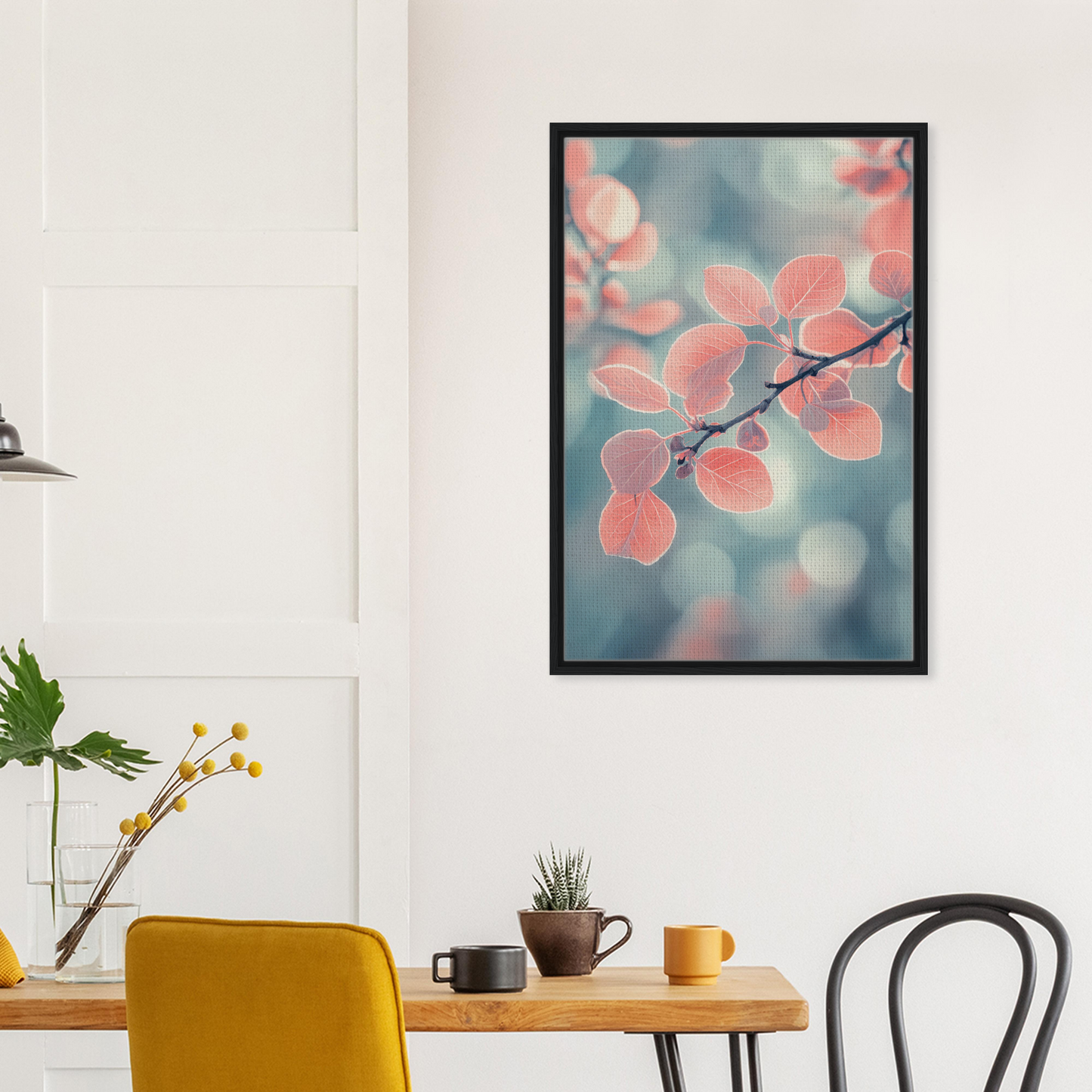 Framed canvas print of pink cherry blossoms on teal from Leaves Transcendent Whirl
