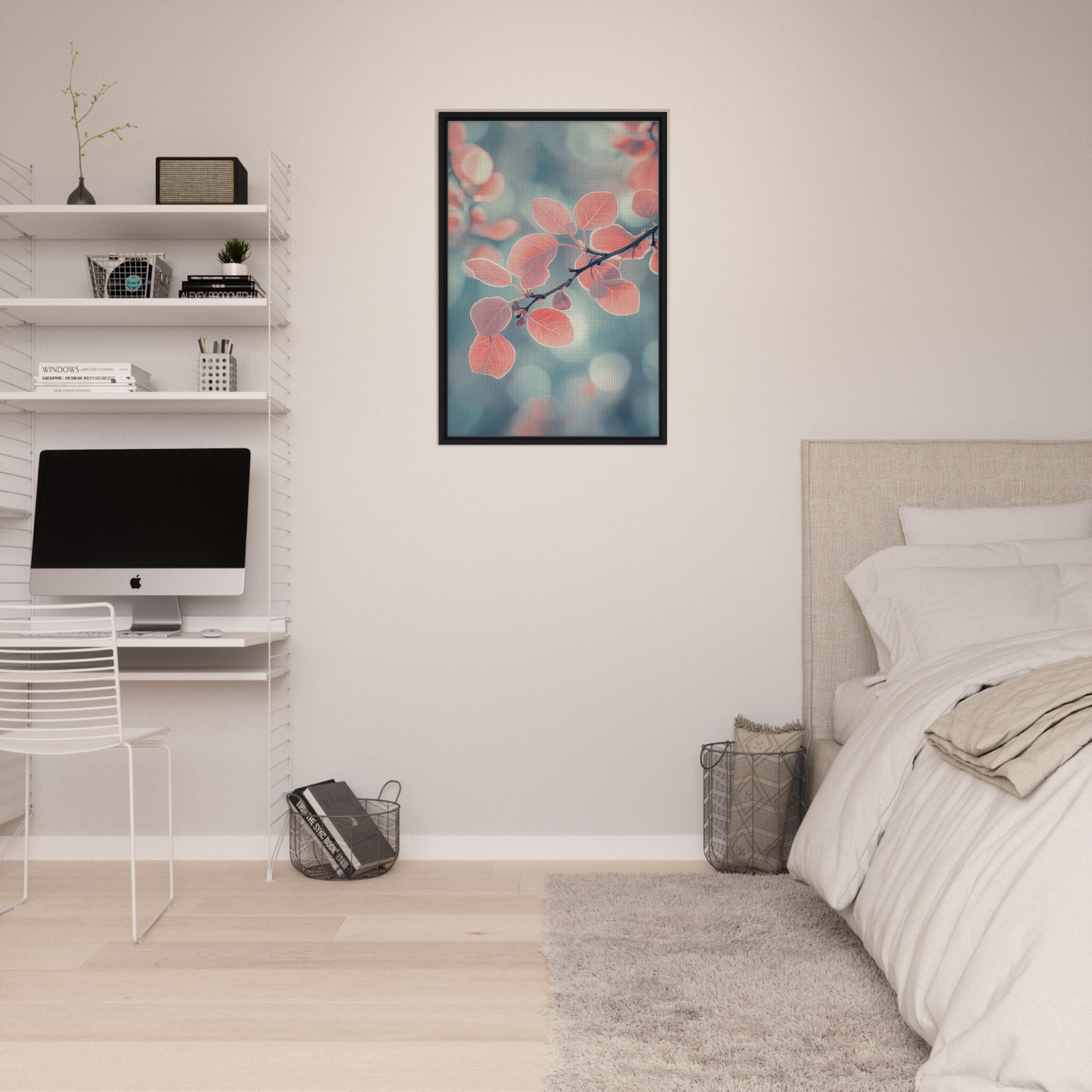 Framed artwork of pink cherry blossoms for Leaves Transcendent Whirl room decor