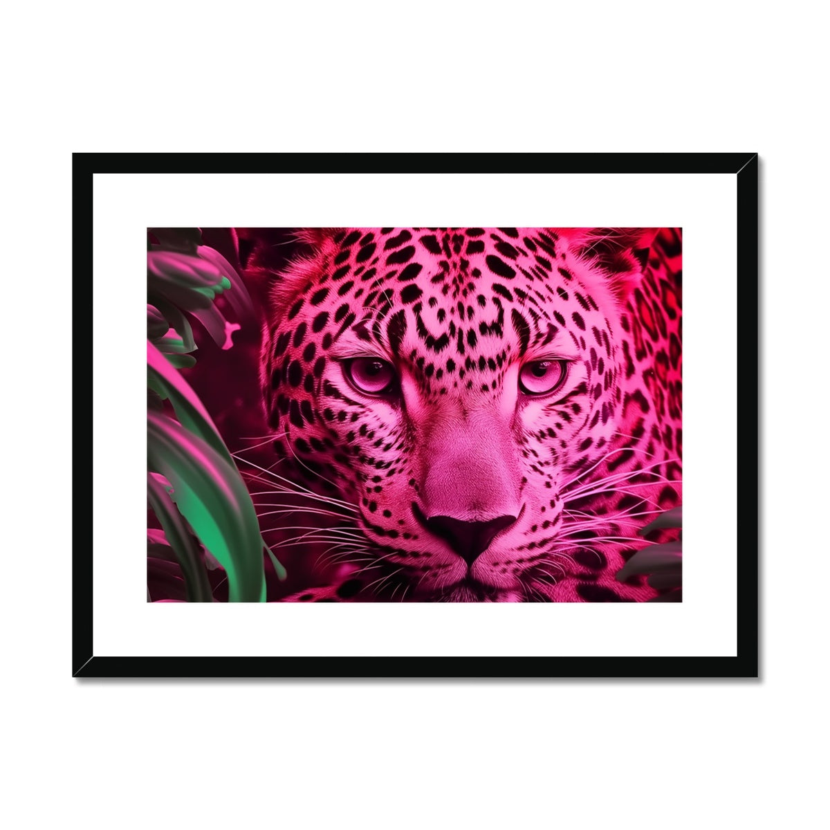 Close-up portrait of a pink leopard with intense eyes and spotted fur.