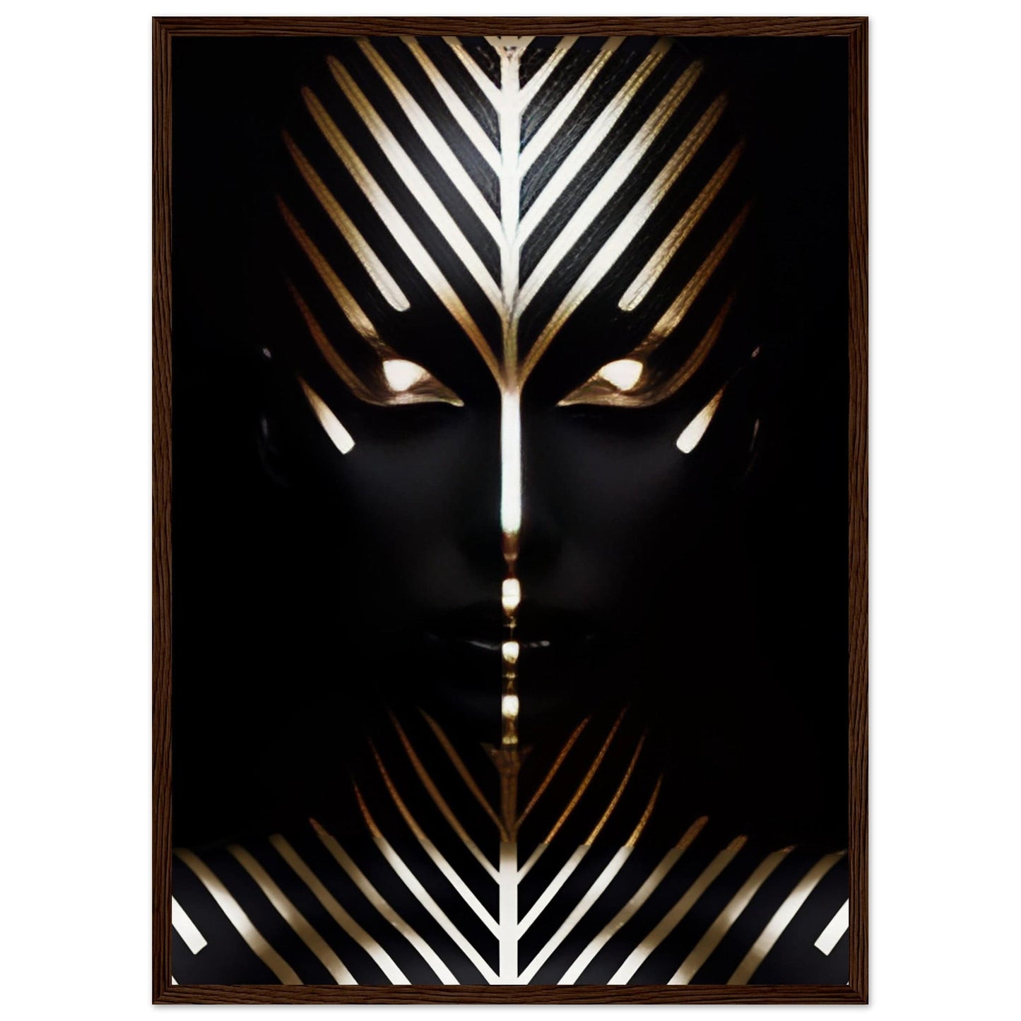 Stylized face composed of geometric gold and white lines against a dark background.