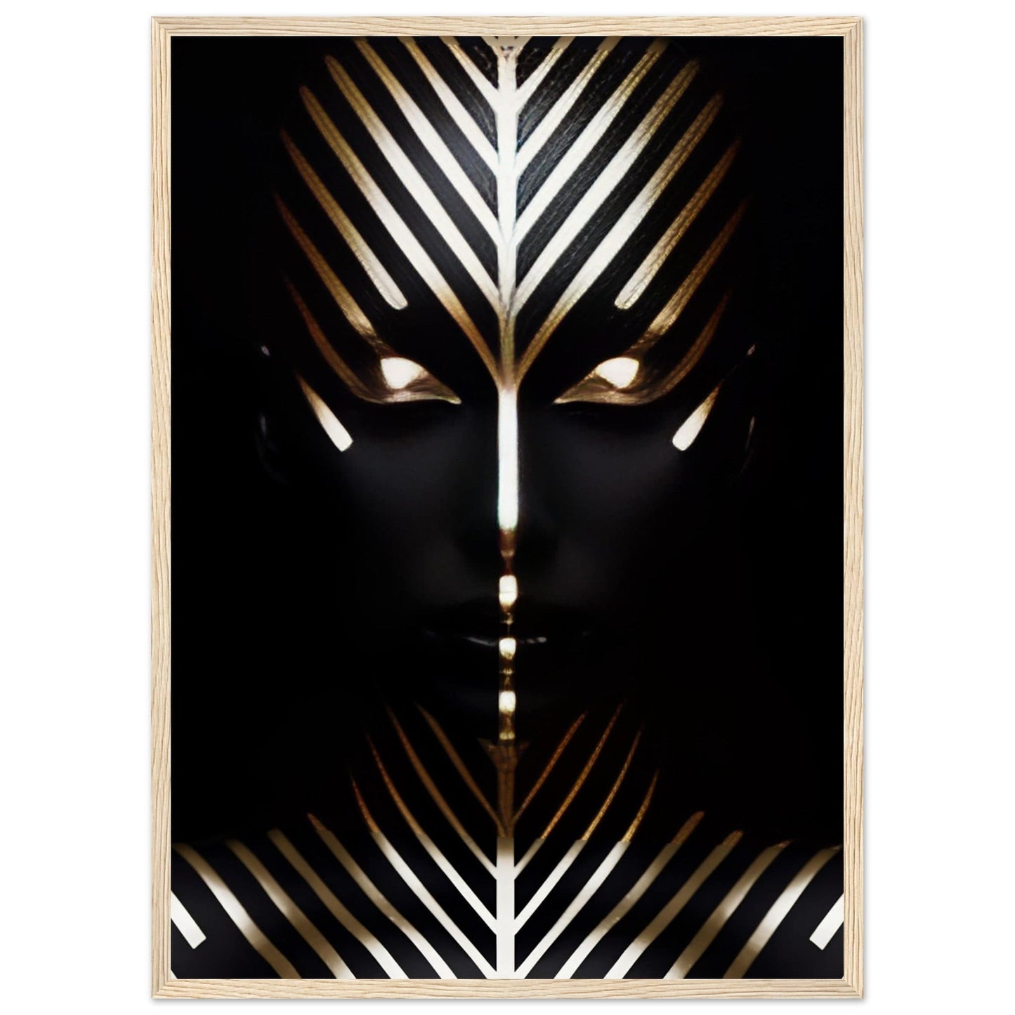 Stylized face with geometric patterns resembling palm fronds or feathers.