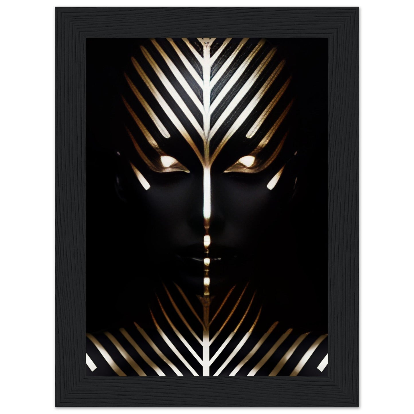 Stylized face with geometric gold and white patterns on a black background.